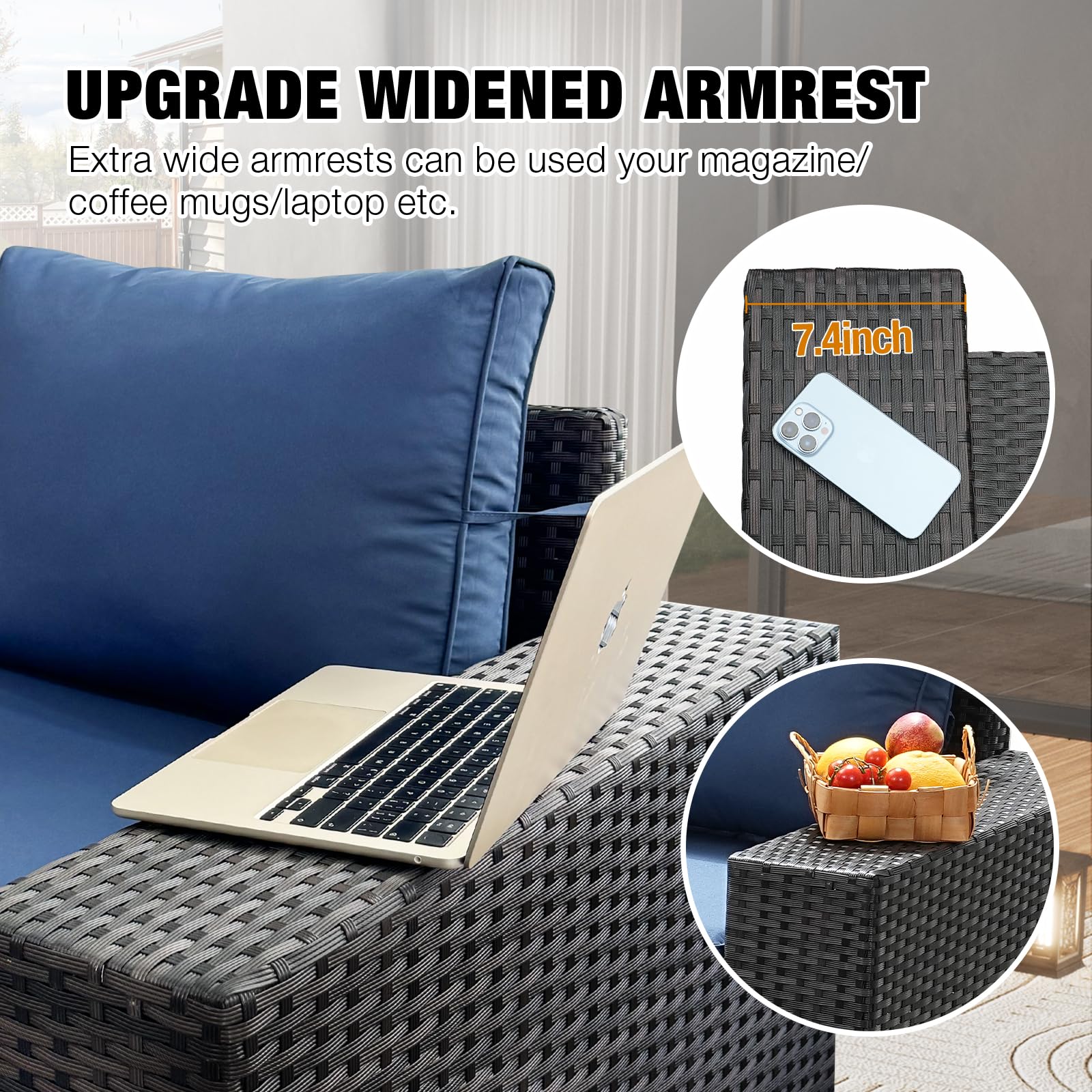 5-Piece All-Weather Outdoor Wicker Patio Furniture Set - Navy Rattan Sectional Sofa with Cushions, Glass Coffee Table & Ottoman - Perfect for Porch, Poolside, Garden or Backyard Relaxation