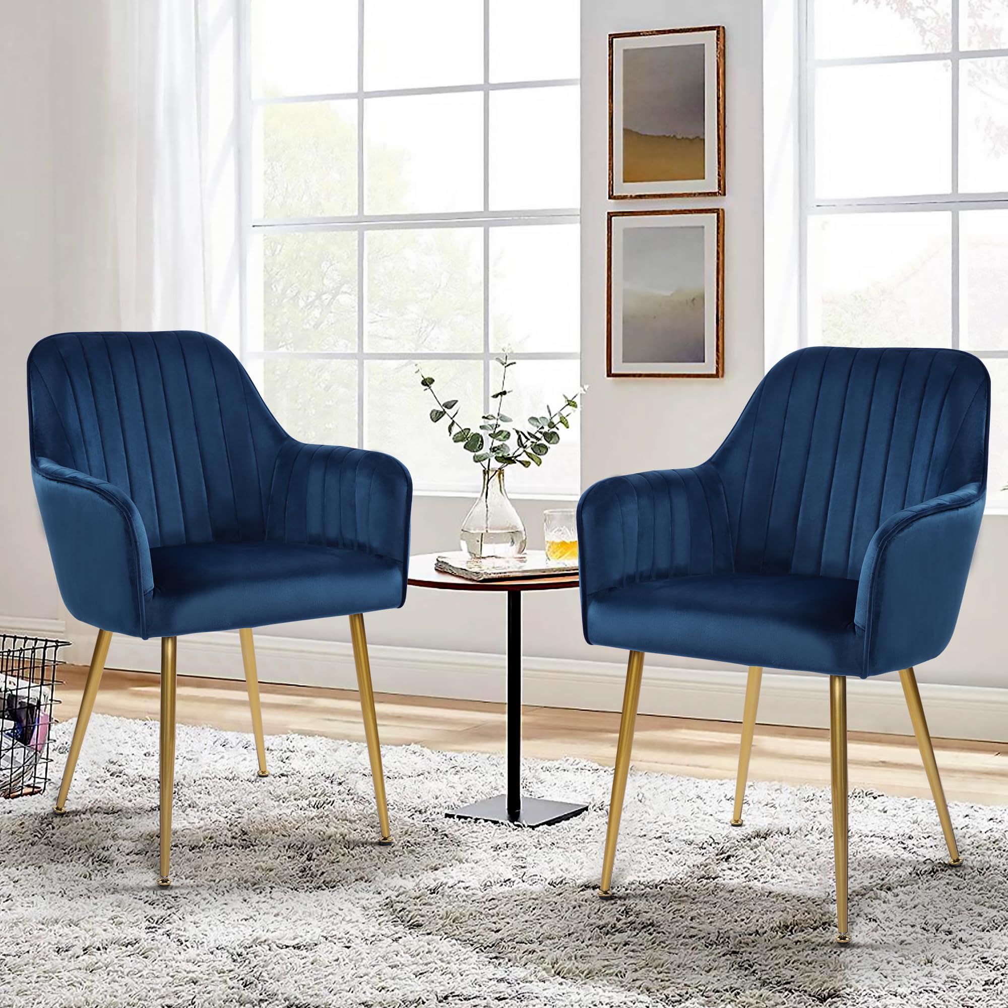 Luxury Velvet Dining Chairs Set of 2 - Blue Upholstered Modern Accent Chairs with Gold Metal Legs for Living Room, Bedroom, or Office - Comfortable Armchairs for Home Decor & Entertaining