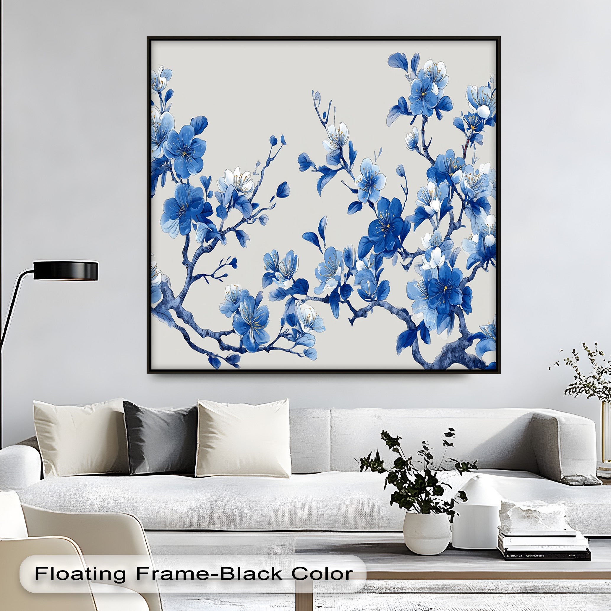 Blue Blossom Harmony Cherry Blossom Branch Canvas Wall Art - Japanese Style Floral Painting for Living Room, Bedroom & Office Decor