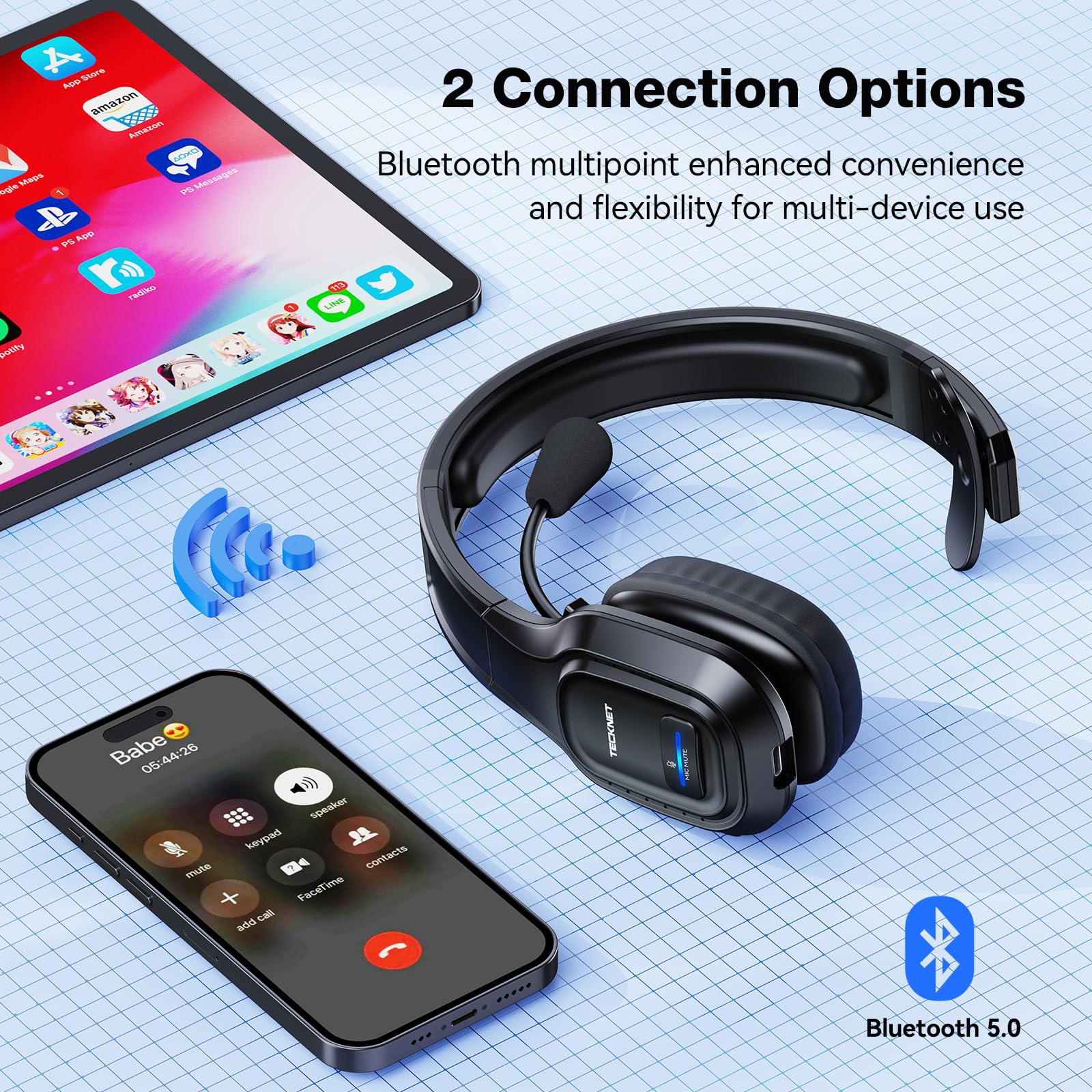 TECKNET Trucker Bluetooth Headphones with Microphone | Wireless Noise Canceling On-Ear Headset | Hands-Free for Cell Phone, Computer, Office & Home | Ideal for Call Centers, Skype Calls & Long-Distance Driving