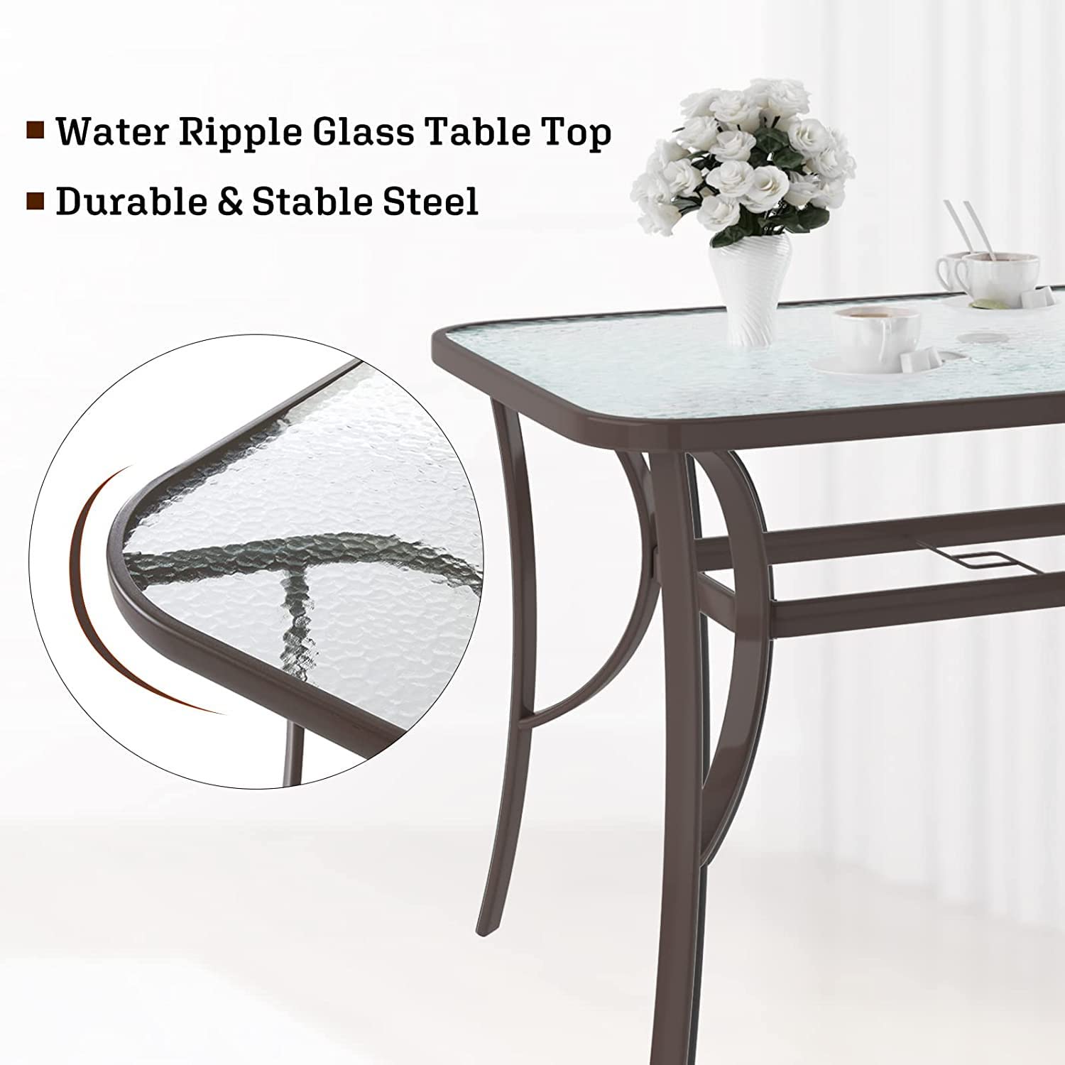 SogesPower 47 Inch Outdoor Tempered Glass Patio Dining Table with Umbrella Hole - Weather-Resistant Steel Frame in Elegant Brown - Perfect for Backyard, Garden, Poolside & Outdoor Entertaining