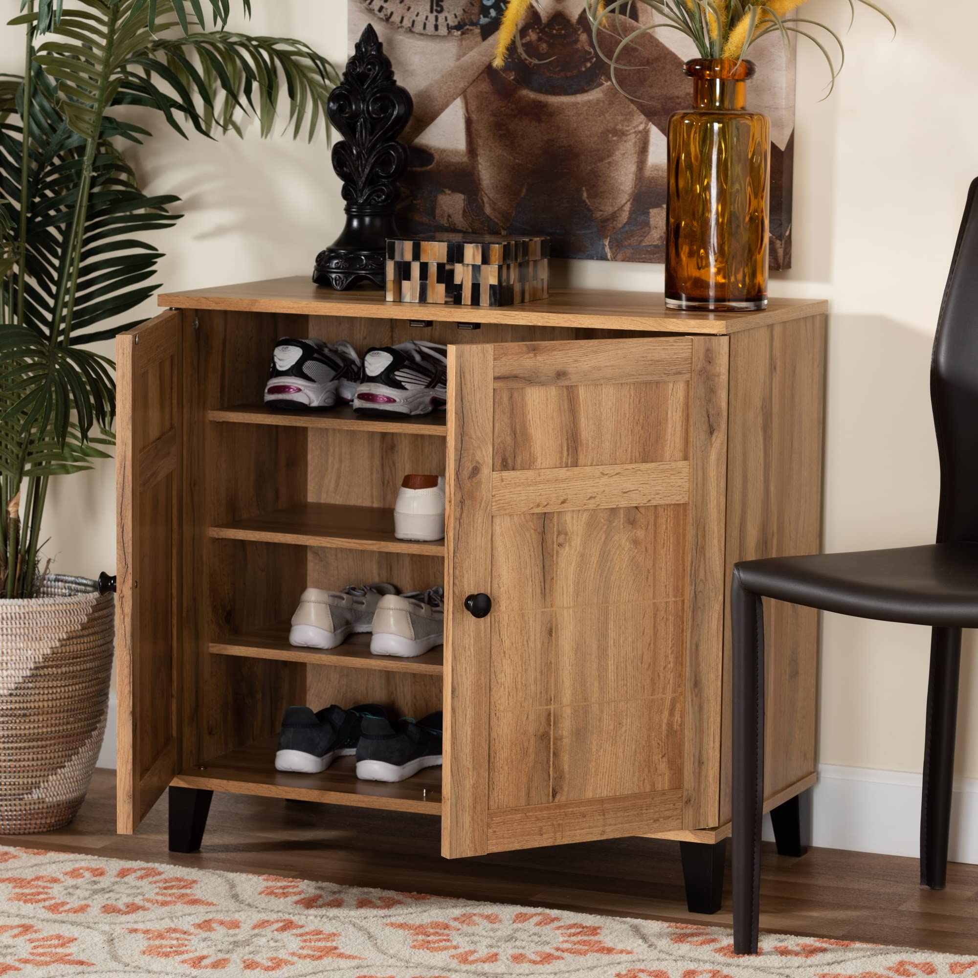 Baxton Studio Glidden Modern Oak Brown Wood 2-Door Shoe Storage Cabinet - Contemporary Entryway Organizer for Hallway, Closet & Mudroom