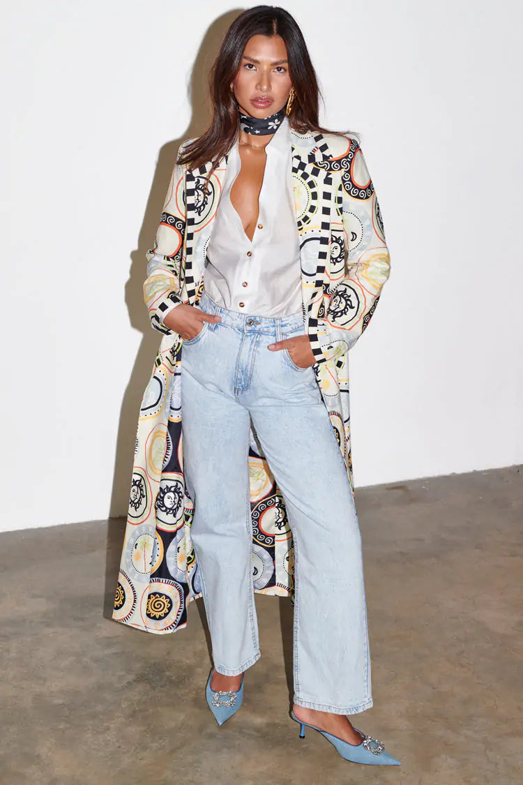 Elegant Mosaic Print 55-Inch Long Jacket for Women - Cream Color - Perfect for Fall & Winter Fashion, Office Wear, and Evening Outfits