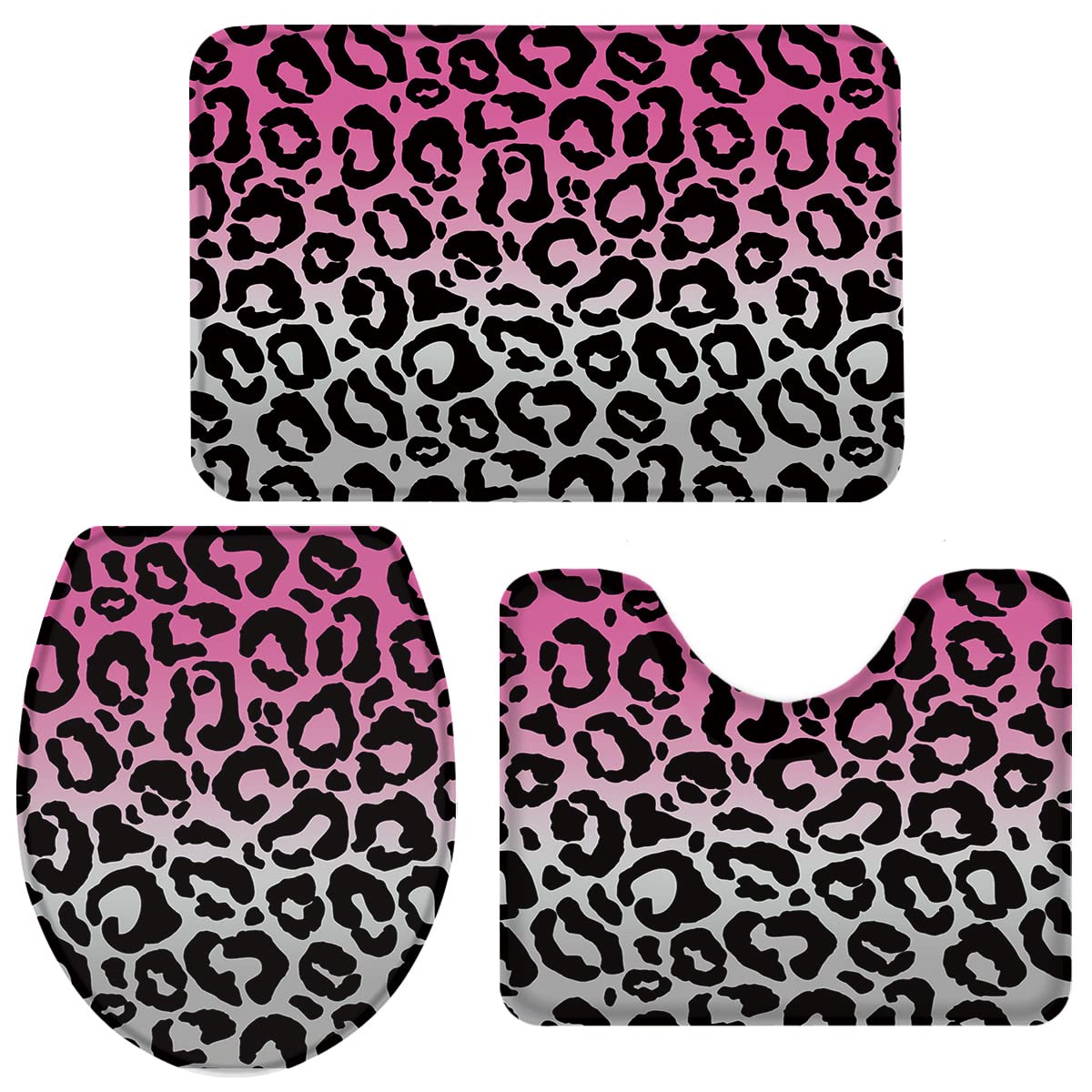 3 Piece Leopard Print Bathroom Rugs Set - Non-Slip U-Shape Bath Mat, Toilet Lid Cover & Shower Mat - Water Absorbent Animal Print Gradient Ombre Bath Mats for Bathroom, Tub & Shower - Perfect for Small Spaces & Modern Home Decor