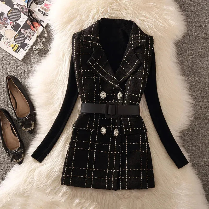 Stylish Women's 3-Piece Plaid Tweed Suit Set - Vintage Korean Style Short Jacket Vest with Belt, Pants & Knit Sweater | Office Wear, Casual Outfits & Fall Fashion