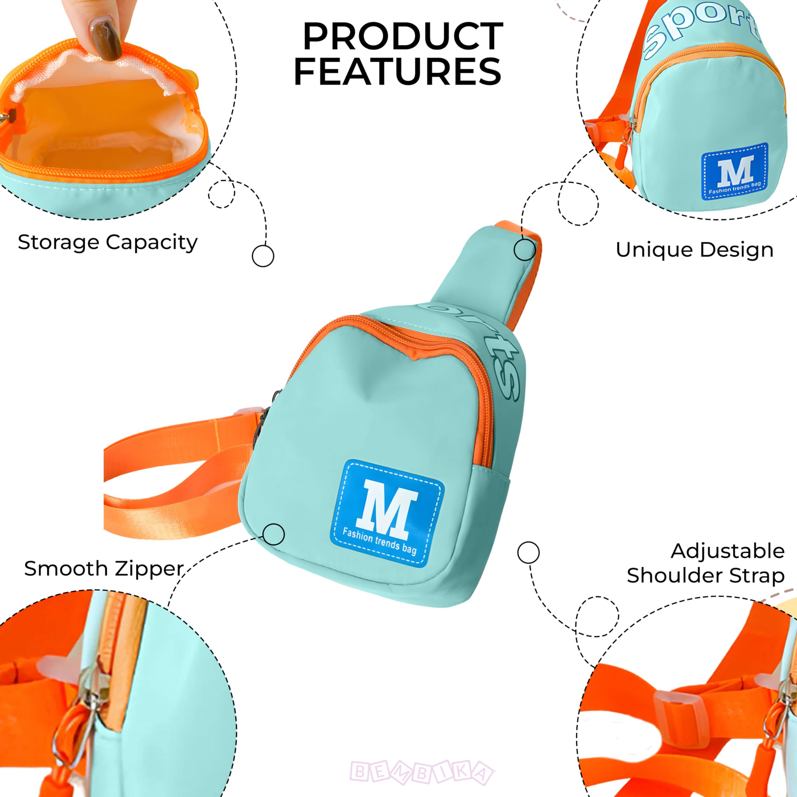 Bembika Baby Shoulder Bag for Kids - Adorable & Functional Crossbody Sling Bag for Boys & Girls, Lightweight Daypack for School, Travel & Outings - Sky Blue