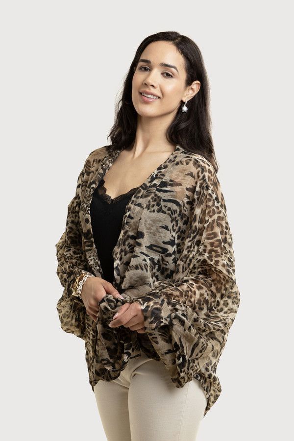 Leopard Print Tie Front Sheer Kimono Robe - Lightweight Cover Up for Women, Beachwear, Loungewear, and Boho Fashion