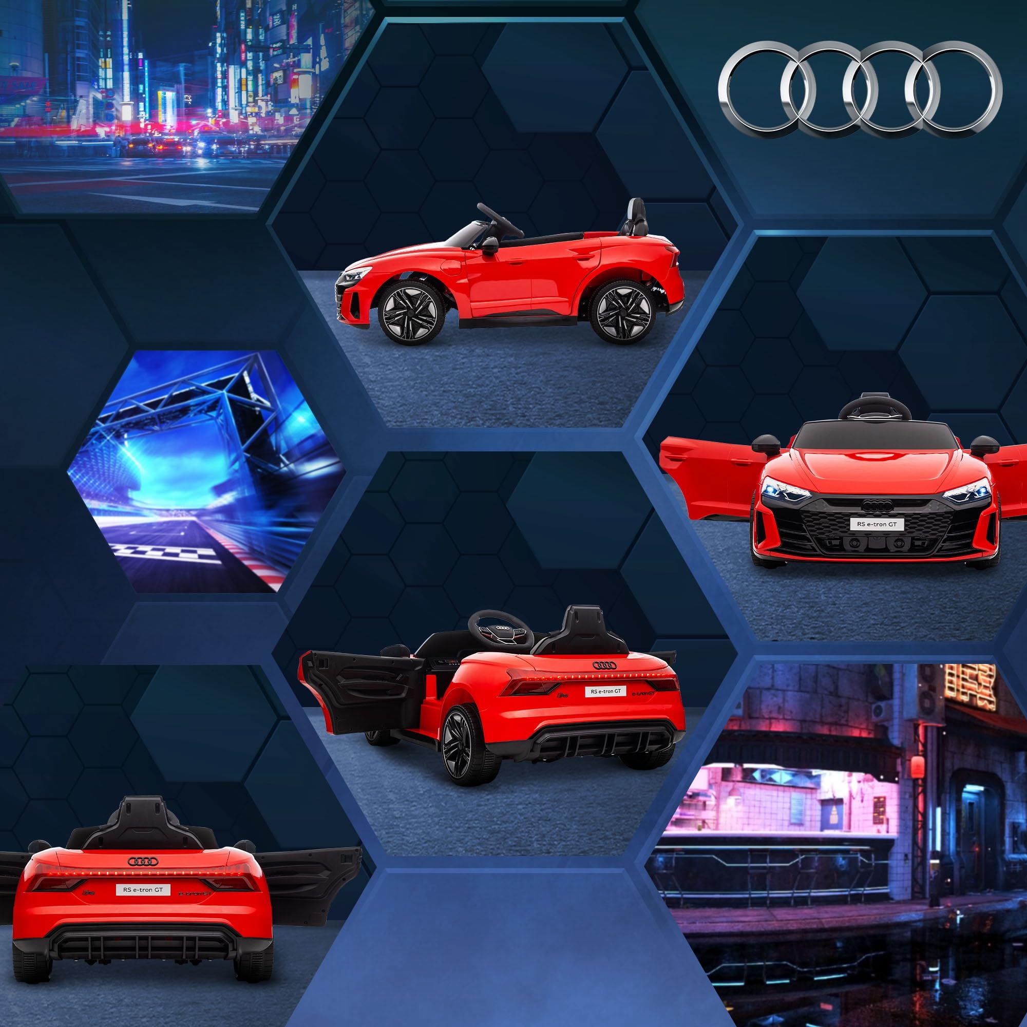 HOMCOM Electric Ride-On Car for Kids 3+ Years, Audi RS e-Tron GT 12V Battery-Powered Car with Remote Control, LED Lights, Horn, Music USB & Door Opening, 3-5 km/h, Red - Perfect for Outdoor Play, Birthday Gifts & Family Fun