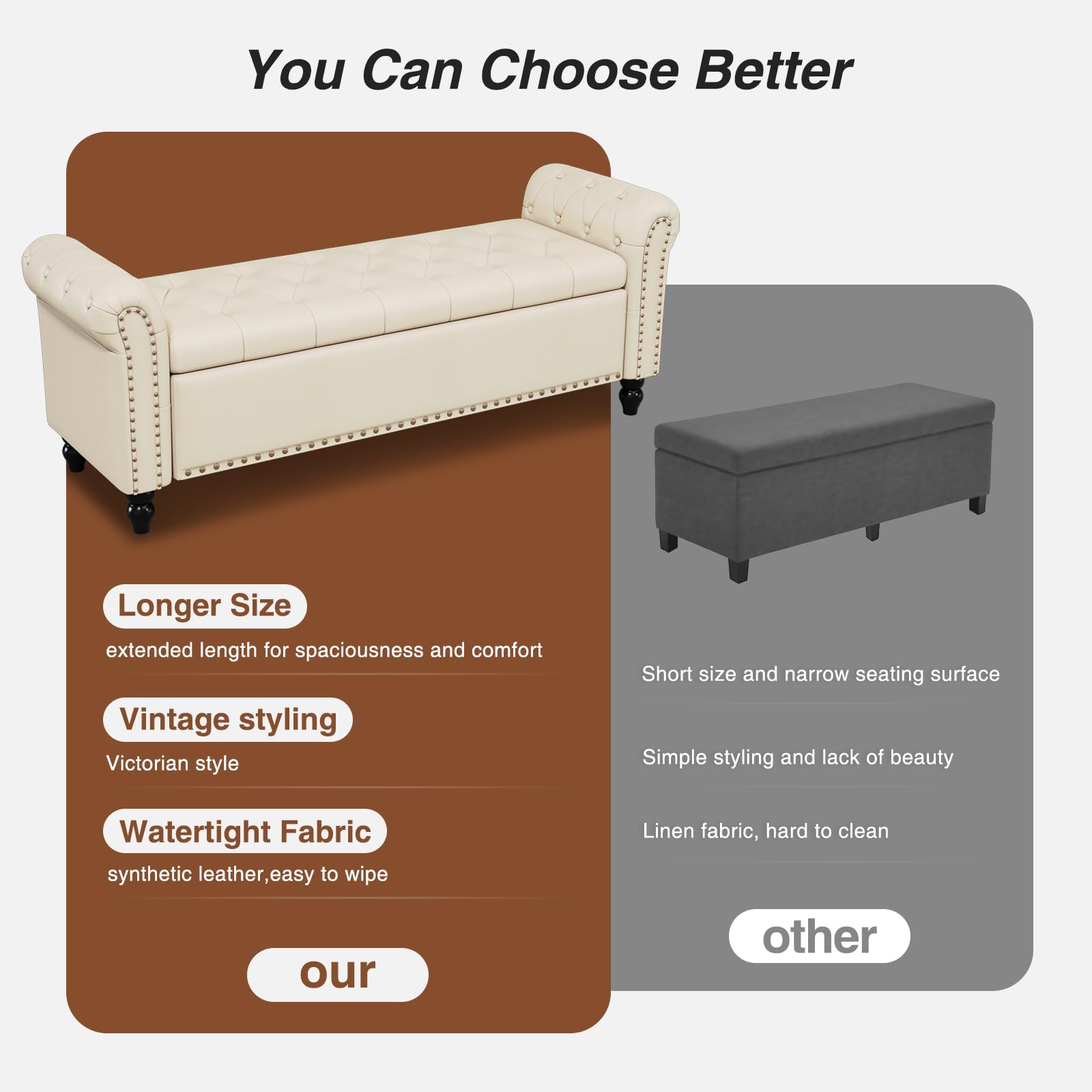 65 Inch Upholstered Storage Bench for Bedroom - Faux Leather Tufted Button End of Bed Bench with Nailhead Trim & Rolled Arms, Cream White - Perfect for Bedroom Seating, Window Seat & Extra Storage