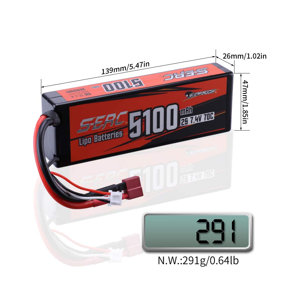 SUNPADOW 2S 7.4V 5100mAh 70C Lipo Battery with Deans T Connector - Rechargeable Hard Case Battery for 1/8 1/10 RC Cars, Trucks, Tanks & Buggies - Perfect for Off-Road Racing, Drifting and RC Vehicle Enthusiasts