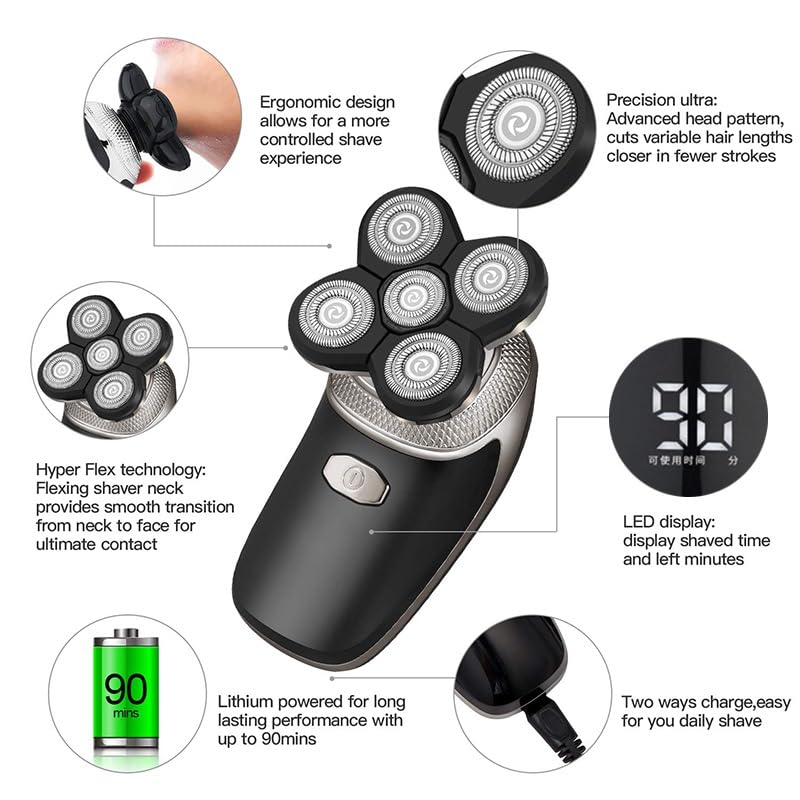 5D Electric Shaver for Bald Men - Rechargeable Head & Facial Shaver for Smooth Shaving at Home or Travel