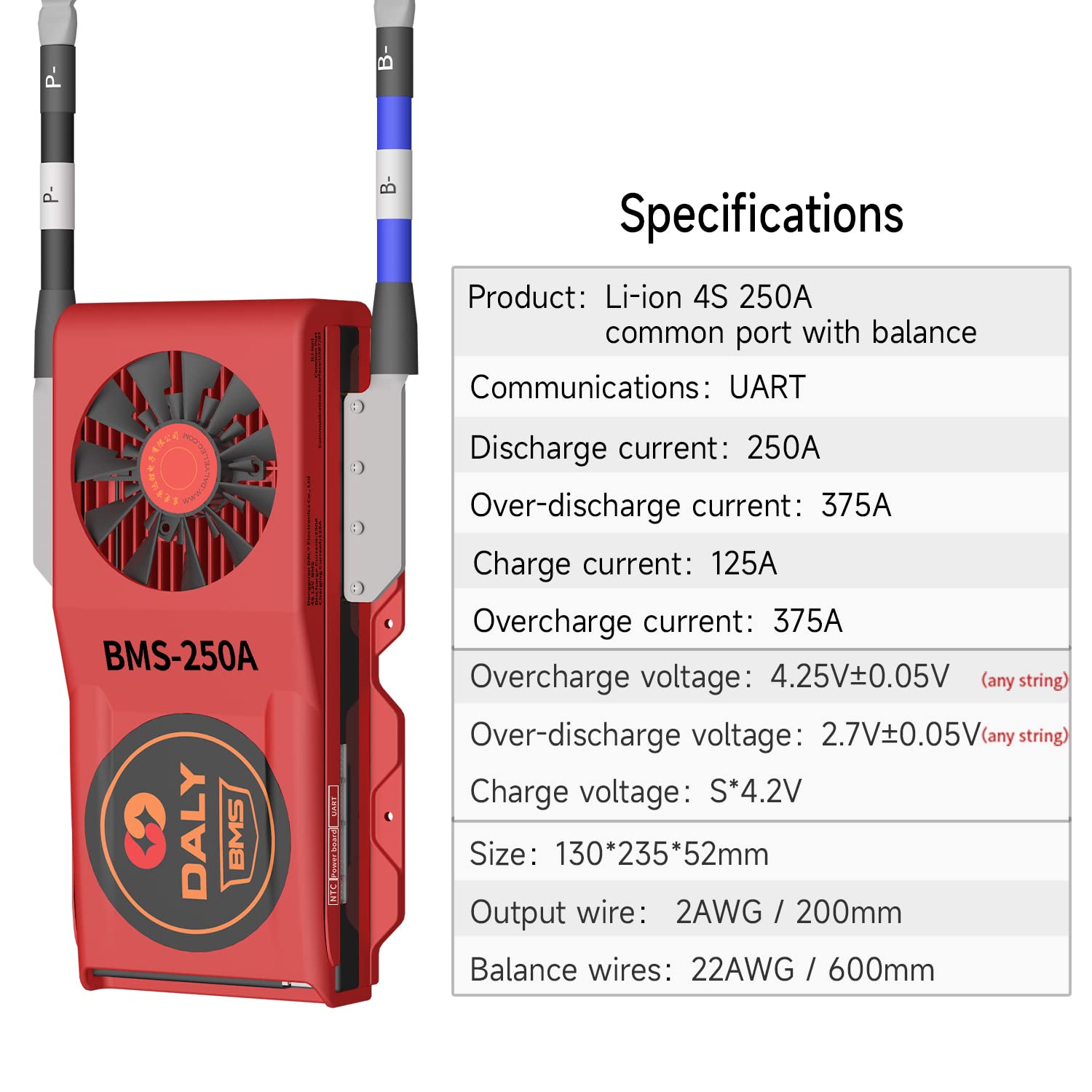 DALY Smart BMS 4S 12V 250A Lithium Battery Protection System with Bluetooth & Cooling Fan - SOC Monitoring for 3.7V Li-ion Battery Packs, Solar Energy Storage, RV, Marine, and Home Backup Power Solutions