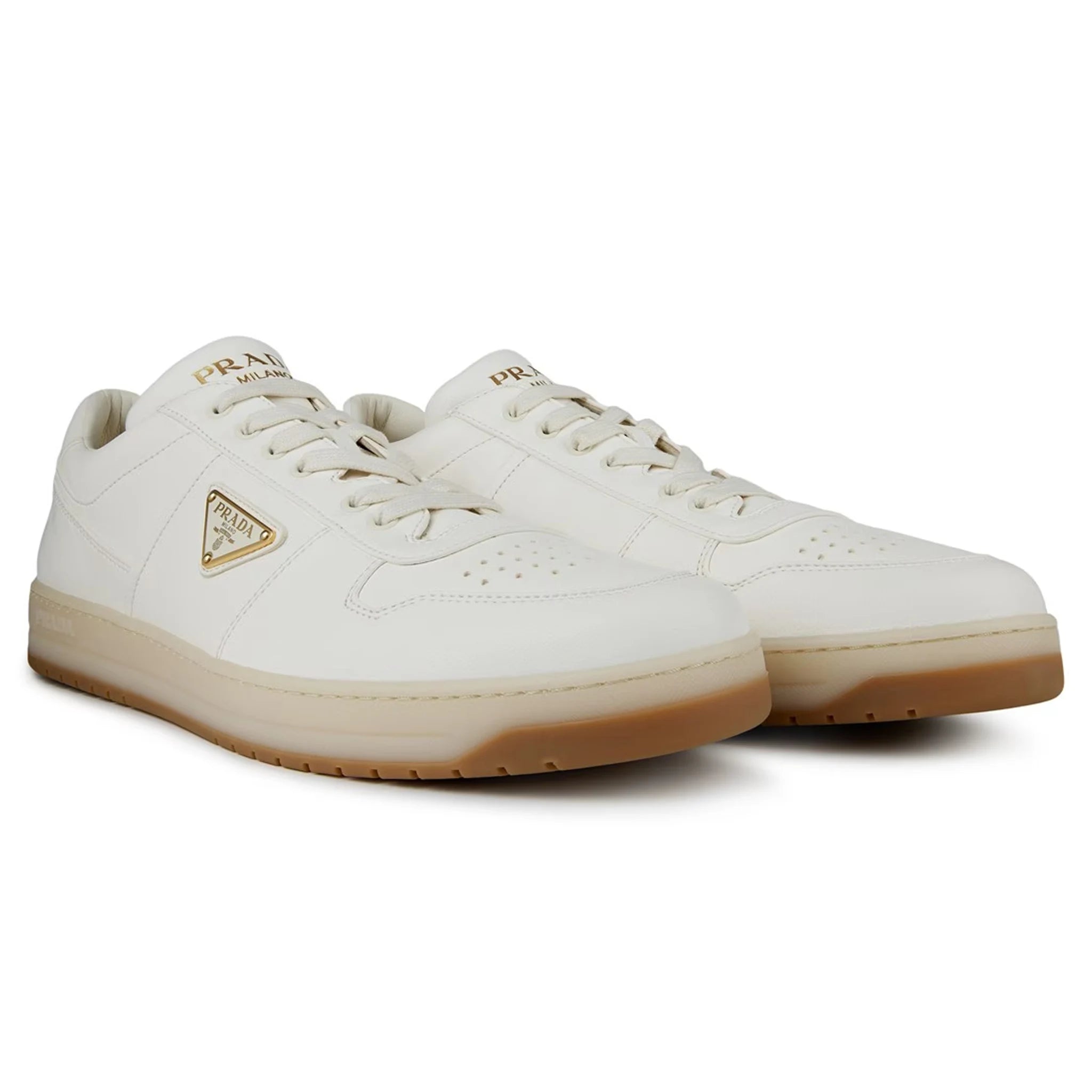 Prada Downtown Leather Low Top Sneakers for Women - White & Beige Casual Shoes | Perfect for Everyday Wear, Office & Outings