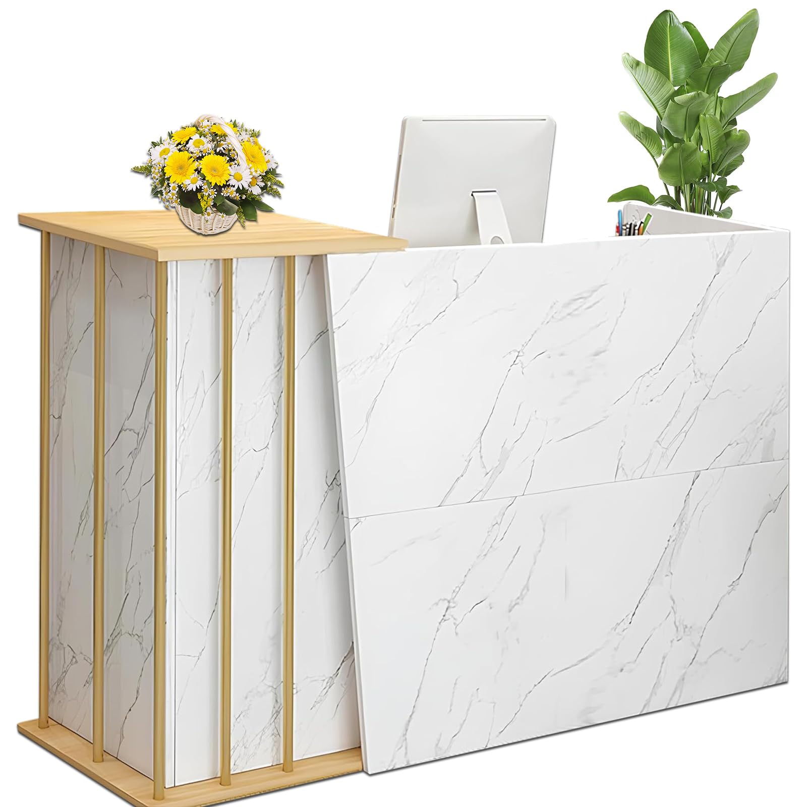 Modern Reception Counter Desk with Lockable Drawers - Office Computer Table & Storage Cabinet - Marble Texture White for Retail Stores, Beauty Salons, Lobbies & Checkout Areas - Perfect for Professional Workspaces & Customer Service Counters