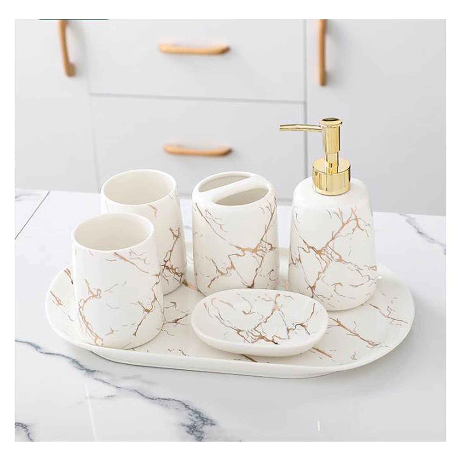 6-Piece Ceramic Refillable Liquid Hand Soap Dispenser Set - Bathroom Accessories for Home, Hotel & Restroom (Includes Soap Dispenser, Toothbrush Holder, Tumbler, Soap Dish & Tray) - Perfect for Modern Bathrooms & Guest Washrooms