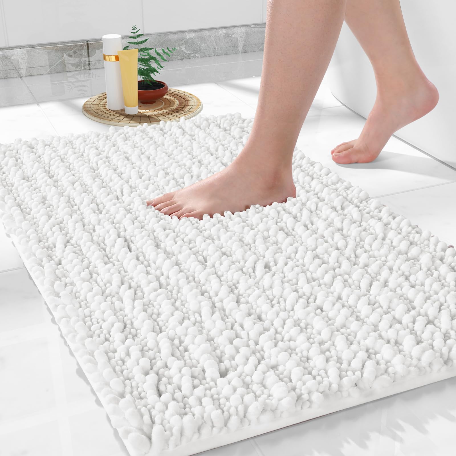Yimobra Soft Shaggy Bath Mat 36.2 x 24 Inch - Non-Slip, Super Absorbent & Quick Dry Bathroom Rug for Floor - Machine Washable, Thick & Plush Shower Mat - Perfect for Bathroom, Spa & Vanity Areas - Bright White