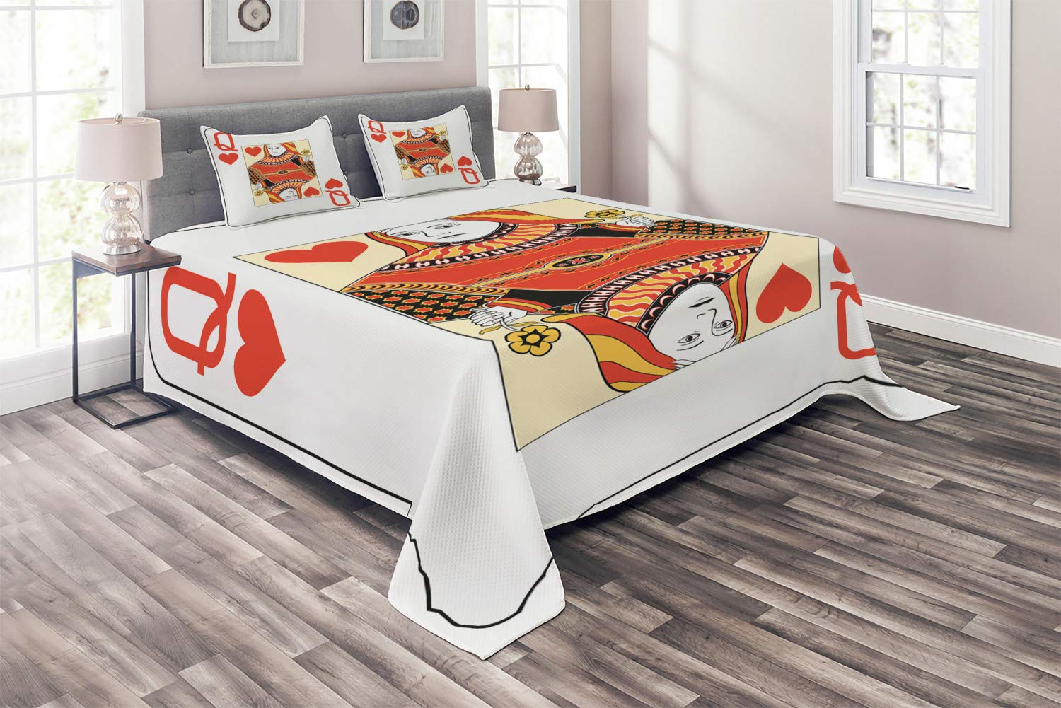 Ambesonne Queen Size 3-Piece Quilted Bedspread Set with 2 Pillow Shams - Queen of Hearts Playing Card Casino Design in Vermilion, Yellow & White | Perfect for Poker & Blackjack Themed Bedrooms, Game Rooms, or Casino Party Decor