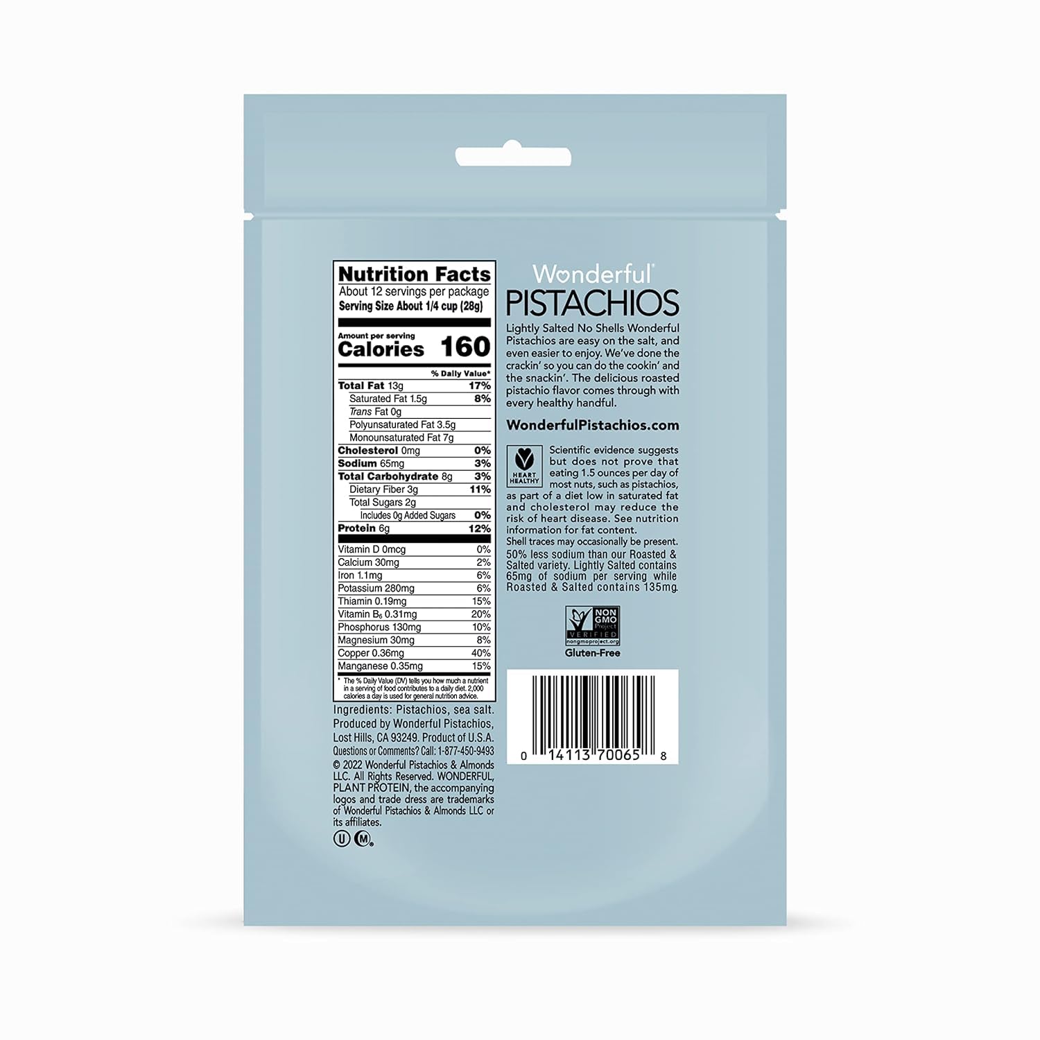 Wonderful Pistachios No Shells, Lightly Salted - 6oz Resealable Bag | High Protein, Gluten Free Healthy Snacks for Work, Gym & Travel | Keto Friendly Nuts for Weight Loss & Heart Health