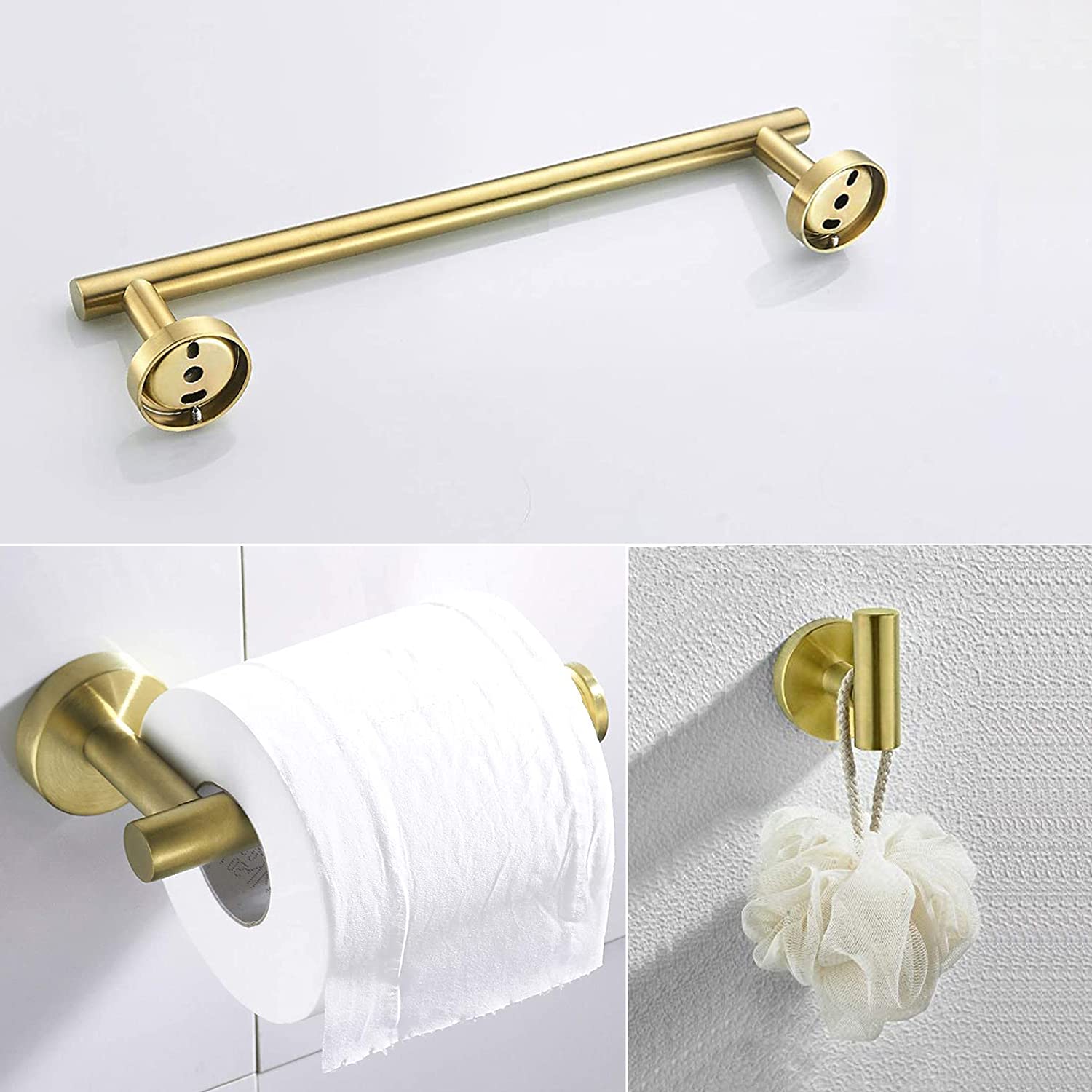 3-Piece Bathroom Hardware Set - Brushed Gold Finish - Modern Towel Bar, Robe Hook & Toilet Paper Holder - Perfect for Bathroom, Spa & Guest Room Decor