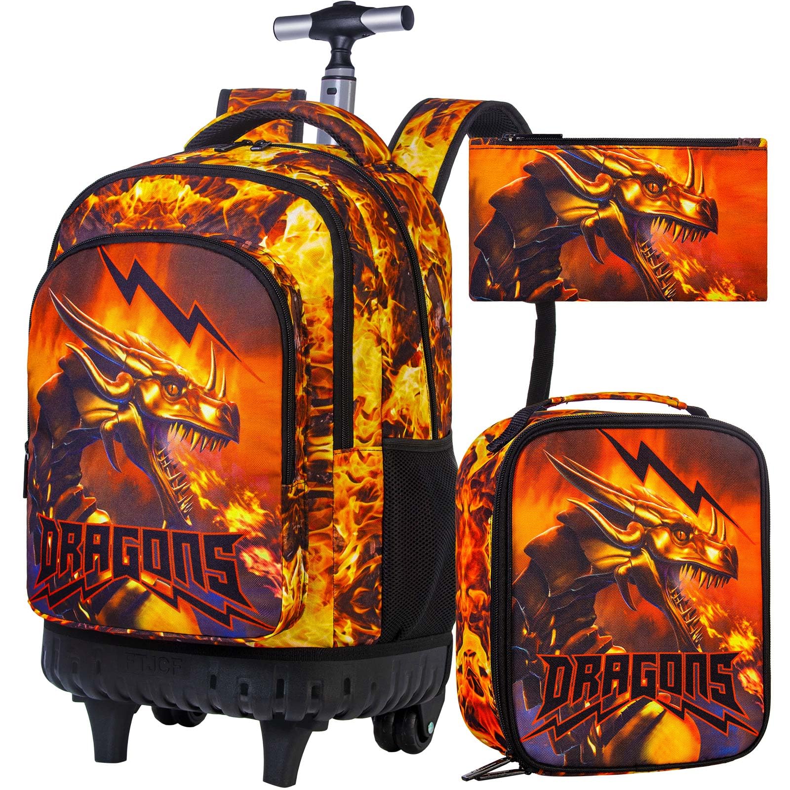 ZLYERT 3-Piece Rolling Backpack Set for Boys - Kids Wheeled School Backpack with Extendable Handle, Teen College Bookbag with Lunch Box (Fire Dragon Design) - Perfect for School, Travel & Daily Commute