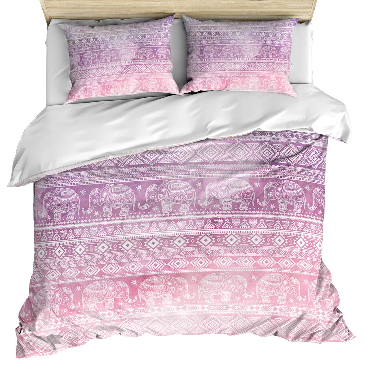 Elegant Boho Elephant Duvet Cover Set - 3 Piece Twin Size, Pink & Purple Reversible Microfiber Bedding for All Seasons | Perfect for Kids' Rooms, Guest Bedrooms & Bohemian Home Decor
