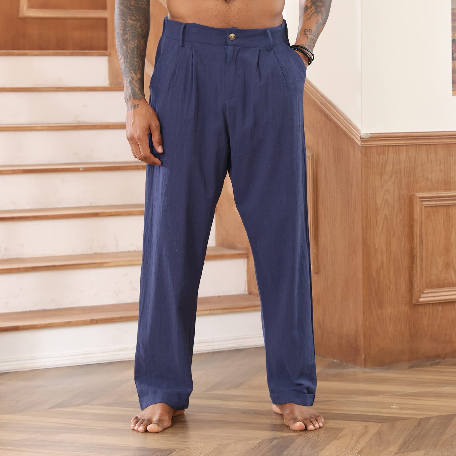 Men's Cotton Linen Pants - Elastic Drawstring Waist Casual Lounge Pants - Breathable Loose Fit Yoga & Beach Wear for Summer, Travel, and Relaxation