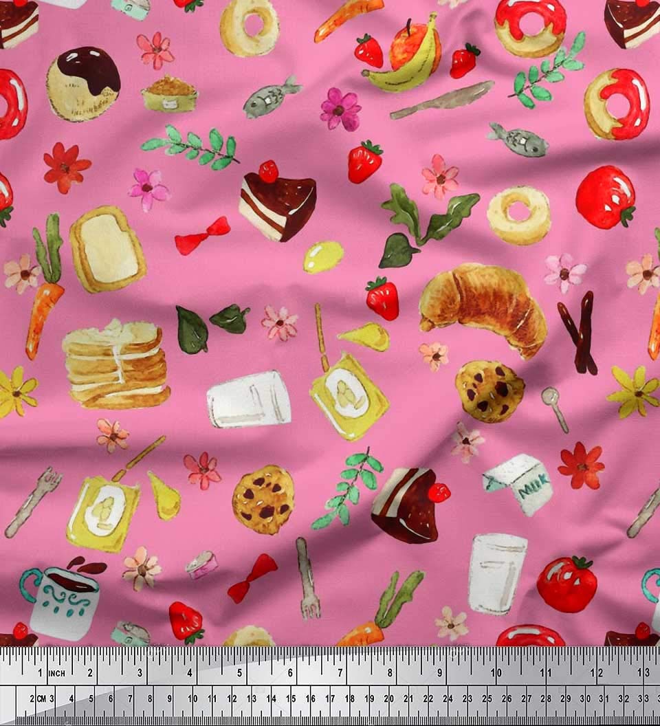 Soimoi 42 Inch Wide Silk Fabric by The Yard - Pink Fruits, Bread & Donut Food Print Textile - Fresh Colorful Patterns for DIY Fashion, Home Decor & Craft Projects - Perfect for Dresses, Scarves, Curtains & Sewing Creations