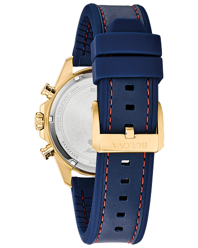 Bulova 97B168 Men's Blue Marine Star Chronograph Leather Strap Watch – Waterproof, Durable for Swimming, Diving & Outdoor Activities