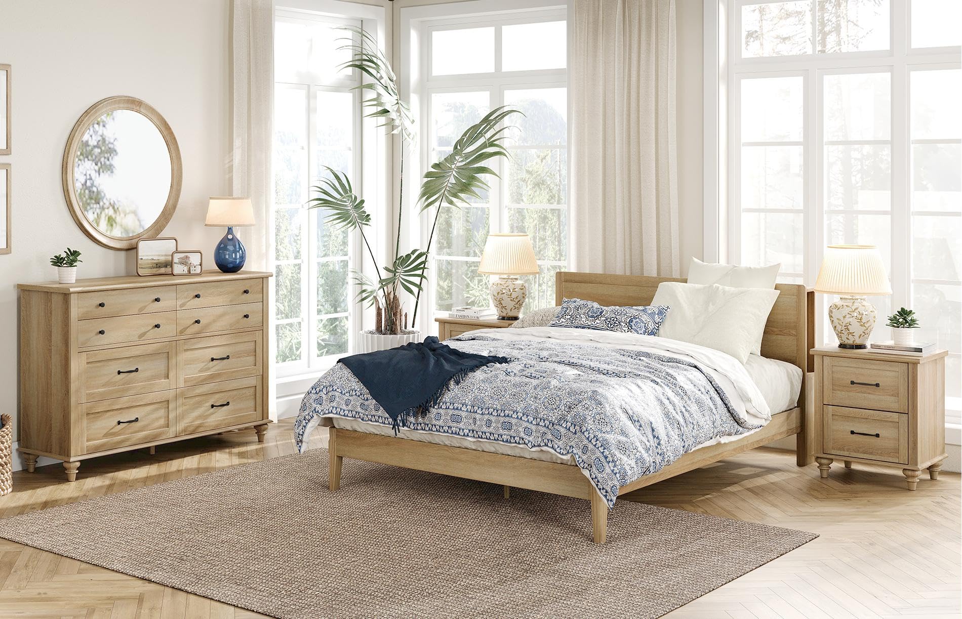 WAMPAT 3 Piece Bedroom Furniture Set - 8 Drawer Dresser with 2 Nightstands (Charging Station & Storage Drawers) - Solid Oak Wood Bedroom Set for Master Bedroom, Guest Room & Dorm Decor