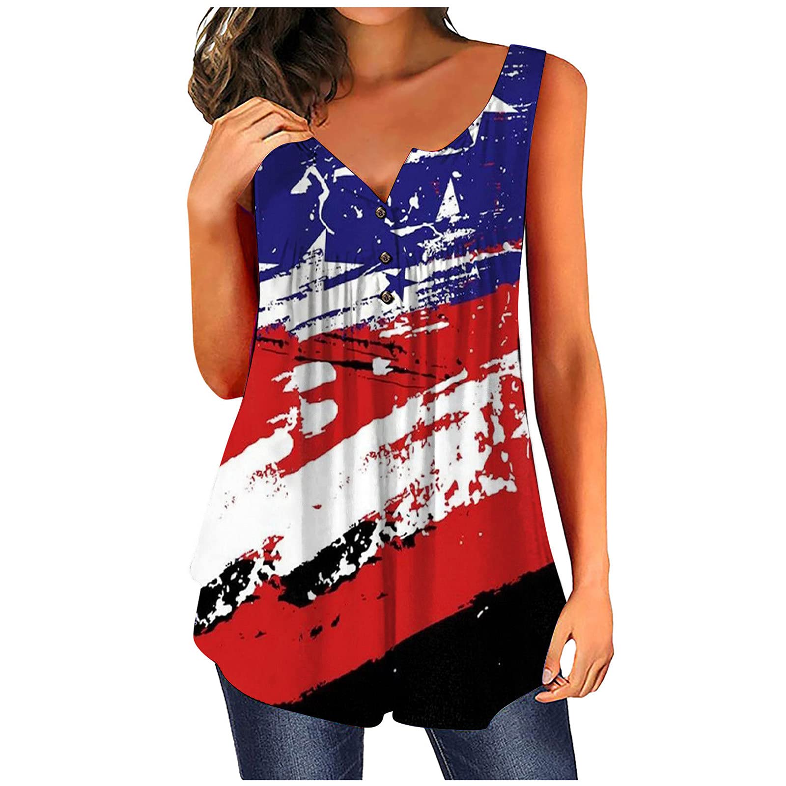 USA Flag Women's V-Neck Tank Tops - Loose Fit Sleeveless T-Shirts & Colorful Blouses for Summer, Beach, Patriotic Events & Casual Wear