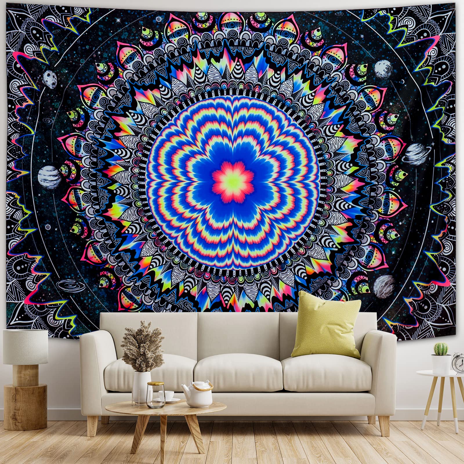 UV Reactive Trippy Mandala Tapestry - Blacklight Galaxy Stars Wall Hanging | Psychedelic Neon Bedroom Decor for Hippie Style & Glow Party | Perfect for Dorm Room, Music Festivals & Meditation Spaces