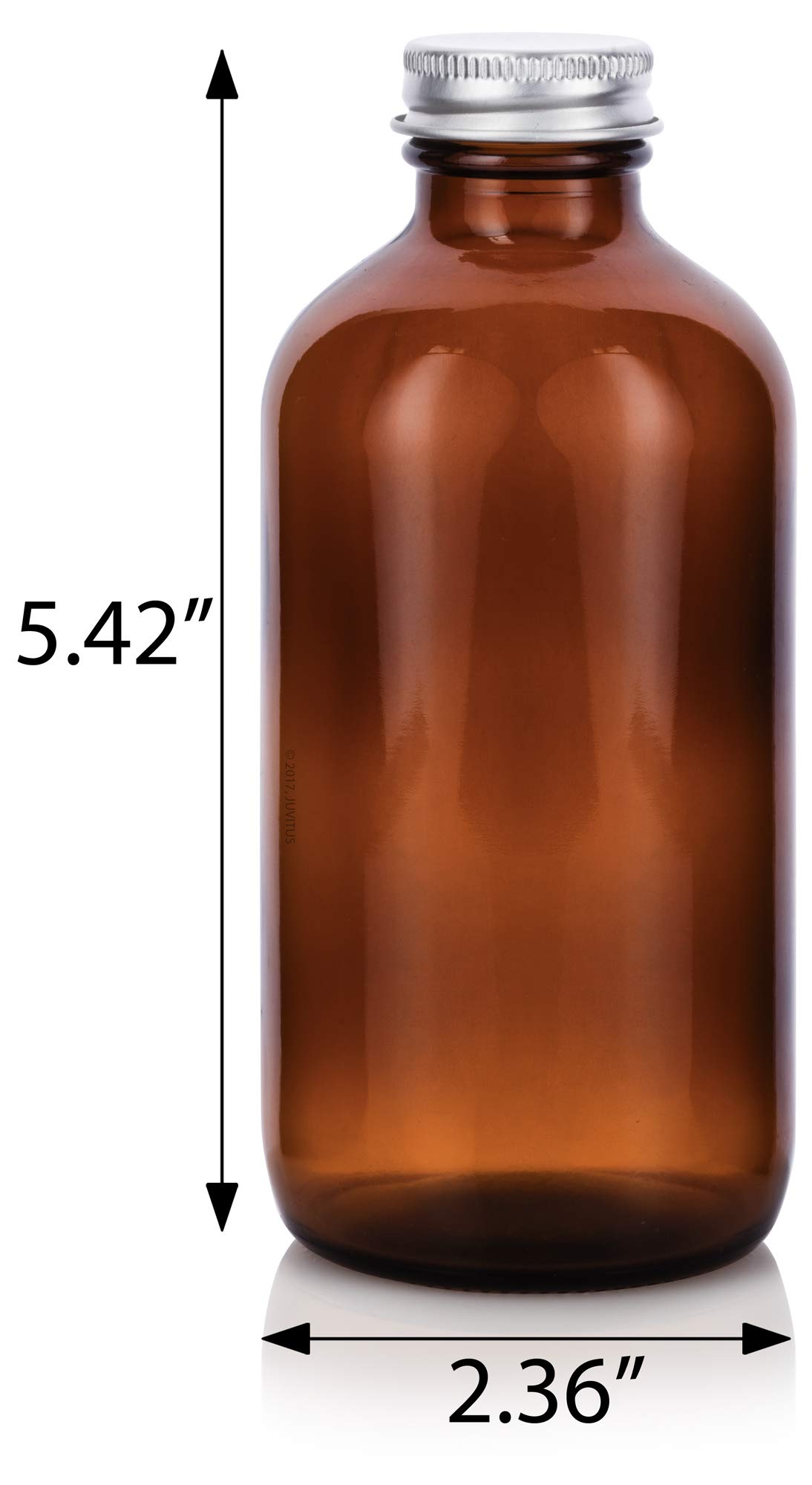 JUVITUS 8 oz Amber Glass Boston Round Bottles with Silver Metal Screw Caps (6-Pack) + Free Funnel - Perfect for Essential Oils, DIY Beauty Products, Herbal Tinctures & Home Brewing