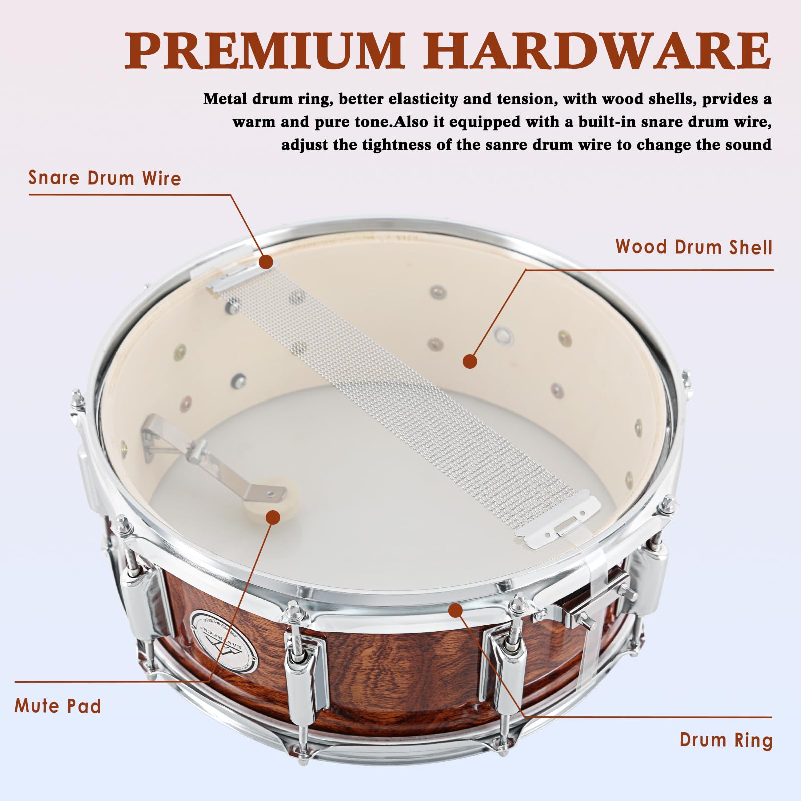 EASTROCK 14x5.5 Inch Snare Drum Set for Beginners - Includes Gig Bag, Drumsticks, Stand & Keys - Coated Tiger-Stripe Drum Head - Perfect for Students, Practice & Live Performances