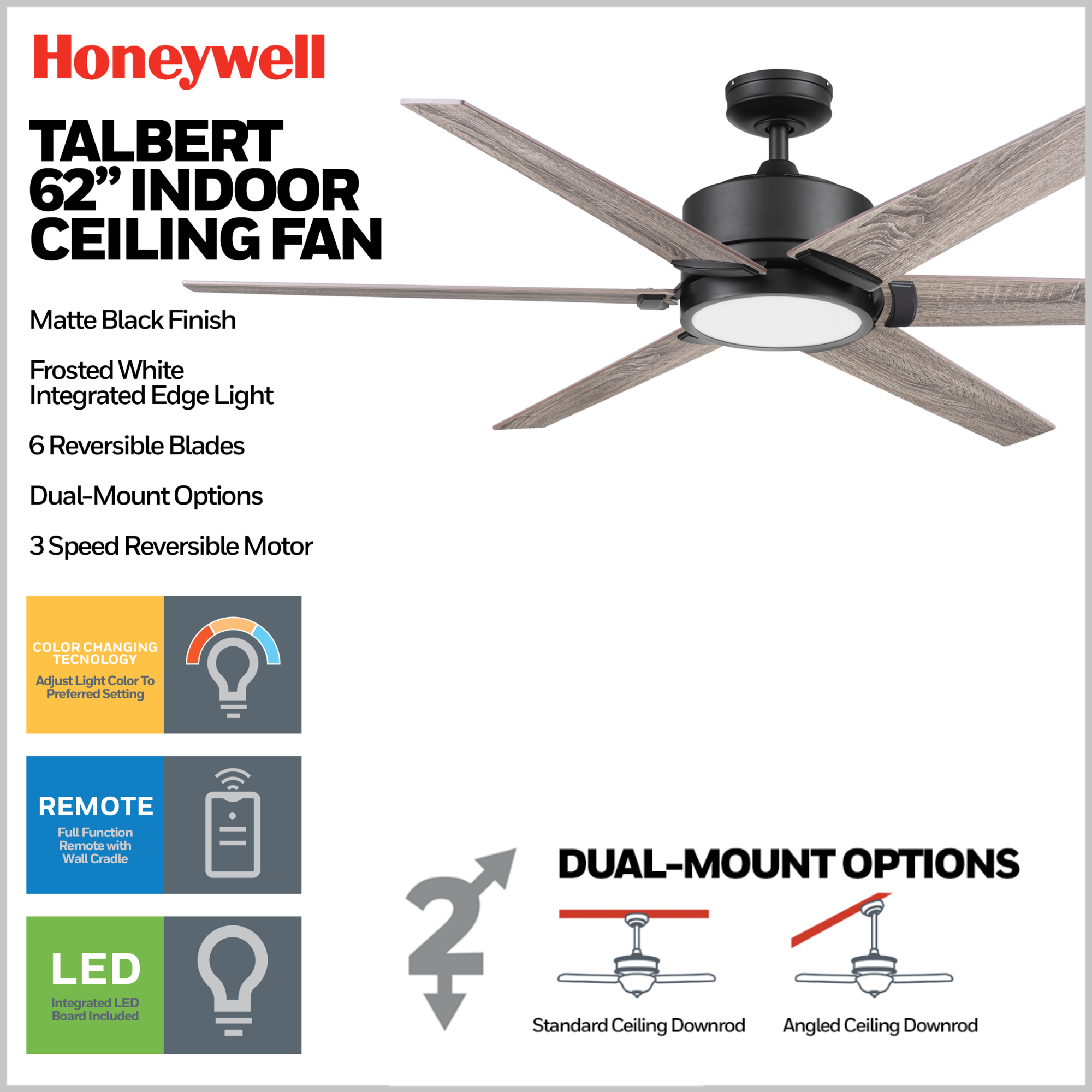 Honeywell Talbert 62 Inch Matte Black Ceiling Fan with Light Kit and Remote Control - Perfect for Living Room, Bedroom, and Outdoor Covered Patio