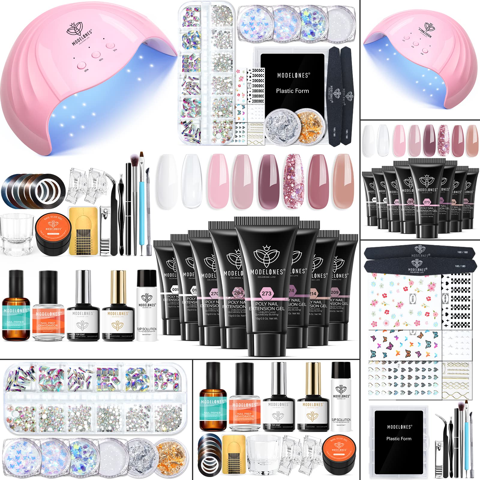 Modelones Poly Nail Gel Kit - 8 Rosy Pink Colors with 48W UV/LED Lamp, Professional Nail Extension Gel Set for Salon & Home Use, Complete DIY Manicure Kit with Rhinestones & Glitters, Perfect Beauty Gift for Nail Art Lovers