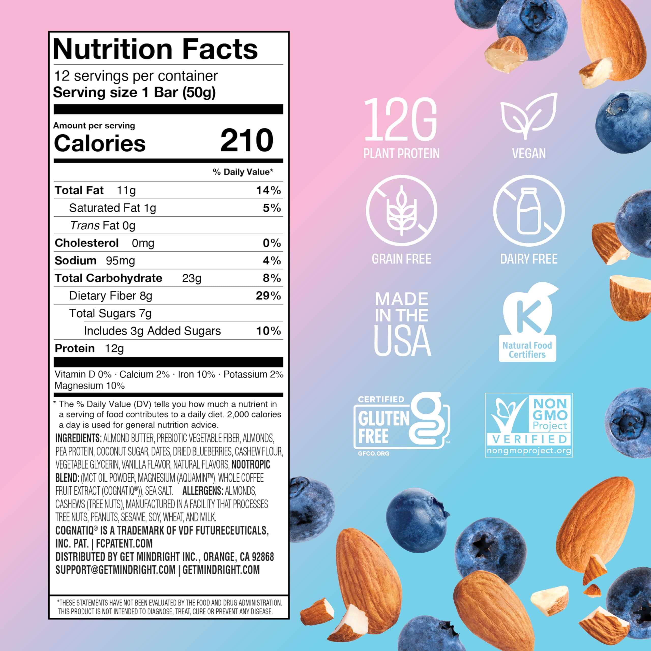 MINDRIGHT Superfood Vegan Protein Bars - Gluten Free, Non-GMO, Low Sugar, Plant-Based Protein Snacks - All Natural Brain Food for Enhanced Mood & Energy (Blueberry Almond, 12 Pack) | Perfect for Workouts, Hiking & Healthy On-the-Go Snacking