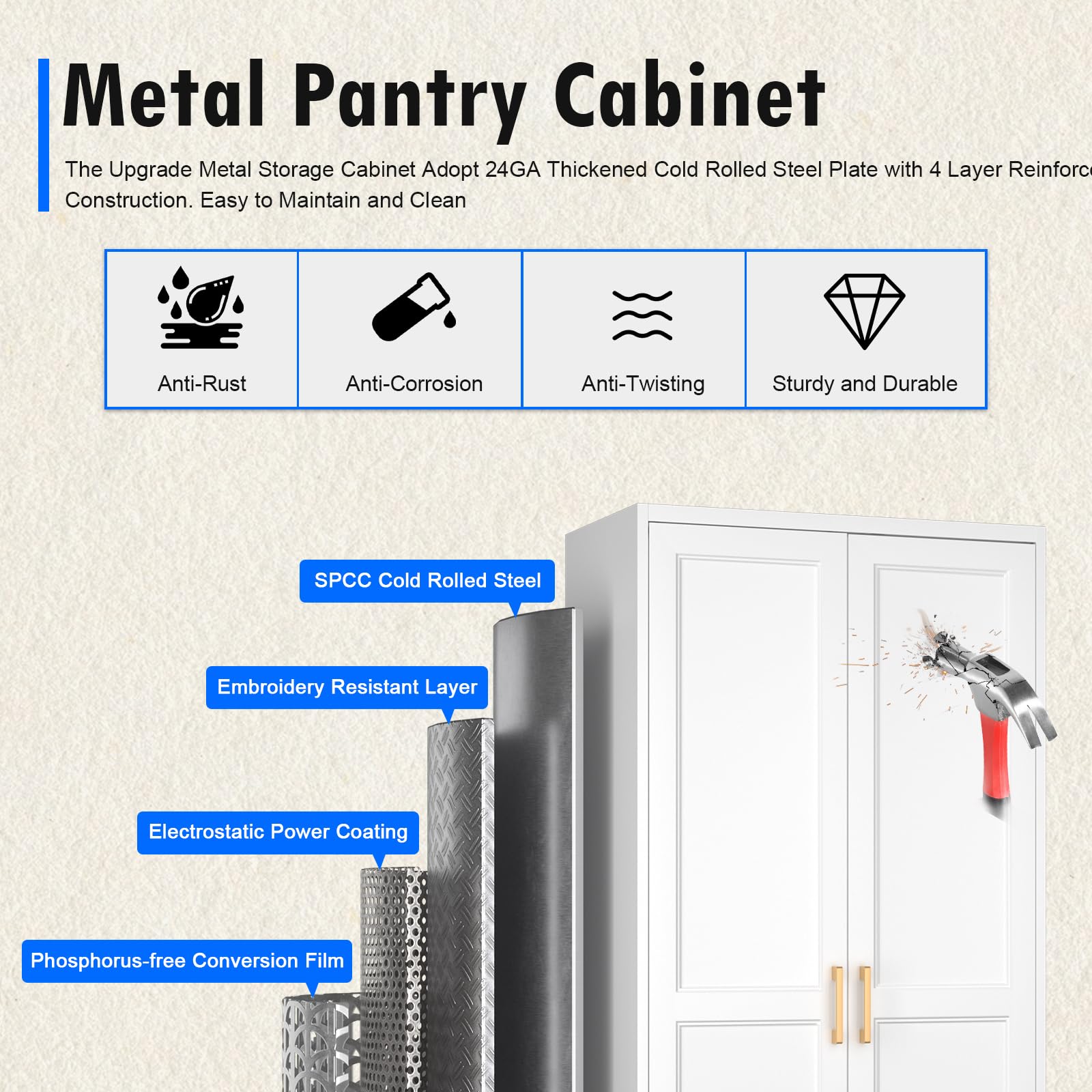 White Kitchen Pantry Cabinet with Adjustable Shelves & Doors - 71