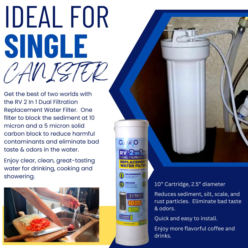 CLEAR2O® RV 2-in-1 Dual Filtration Replacement Water Filter System - CDF1501 Pre-Filter & Carbon Filter for Clean Drinking Water in Campers, RVs and Travel Trailers