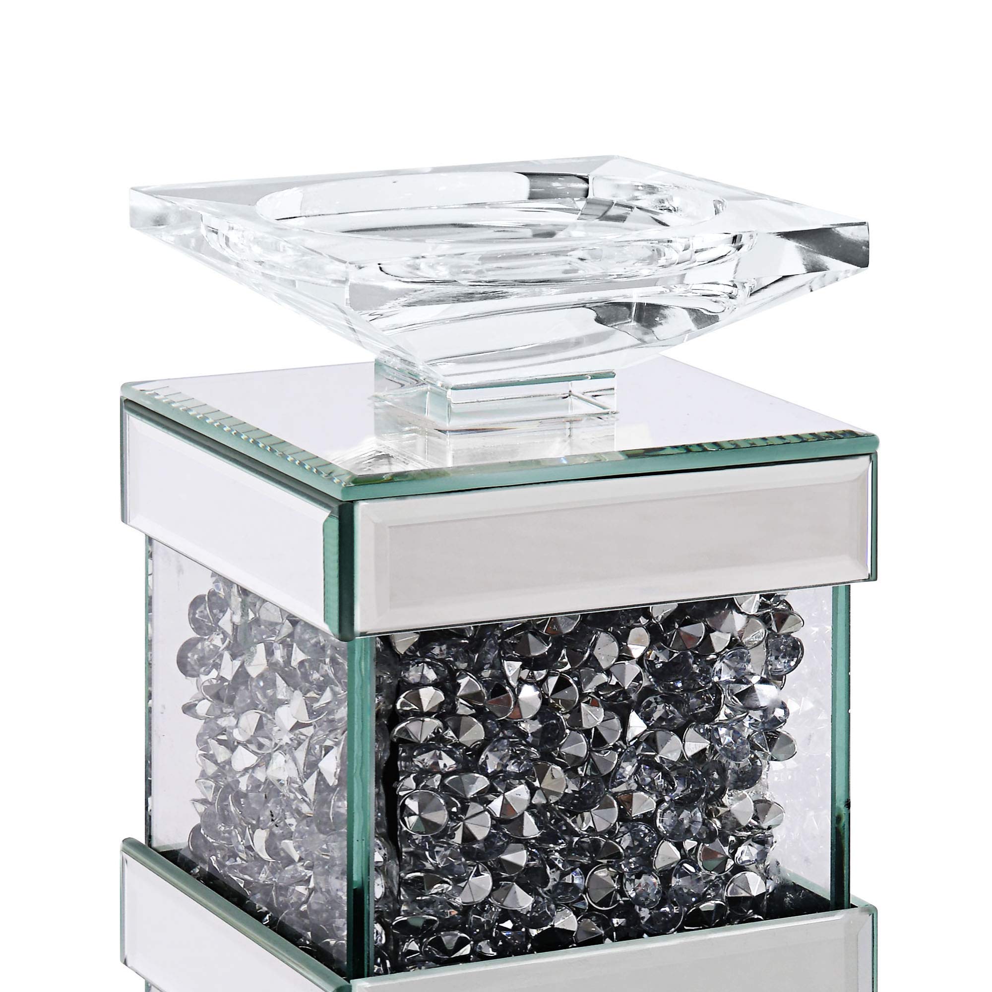 Benjara Wood and Glass Candle Holder Set of 2 - Small Clear Candle Holders with Faux Crystal Accents for Table Centerpiece, Wedding Decor, and Home Ambiance