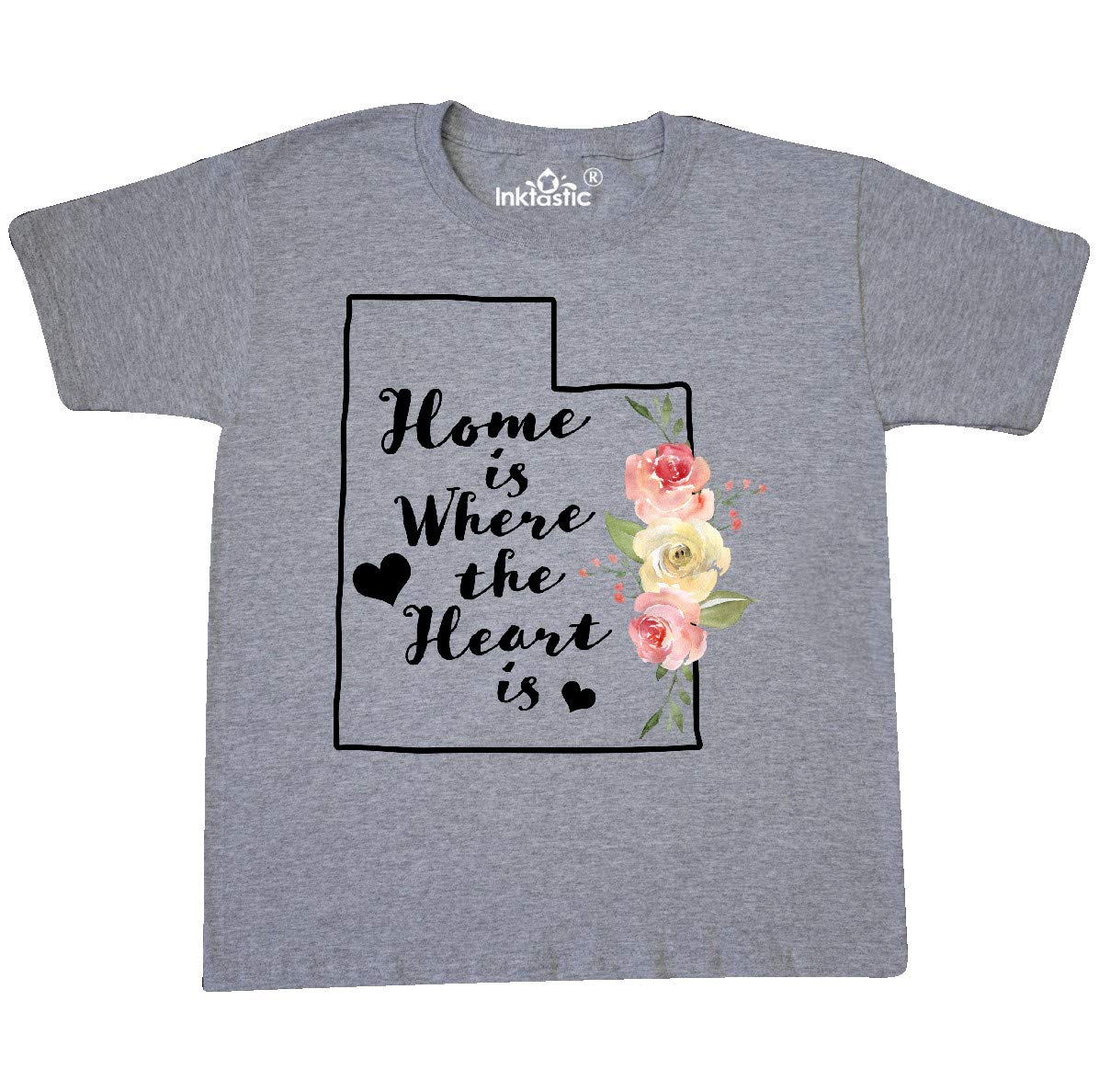 Inktastic Utah Home is Where The Heart is with Watercolor Floral Youth T-Shirt - Cute Graphic Tee for Kids, Girls & Boys - Perfect for School, Family Vacations & Casual Outings