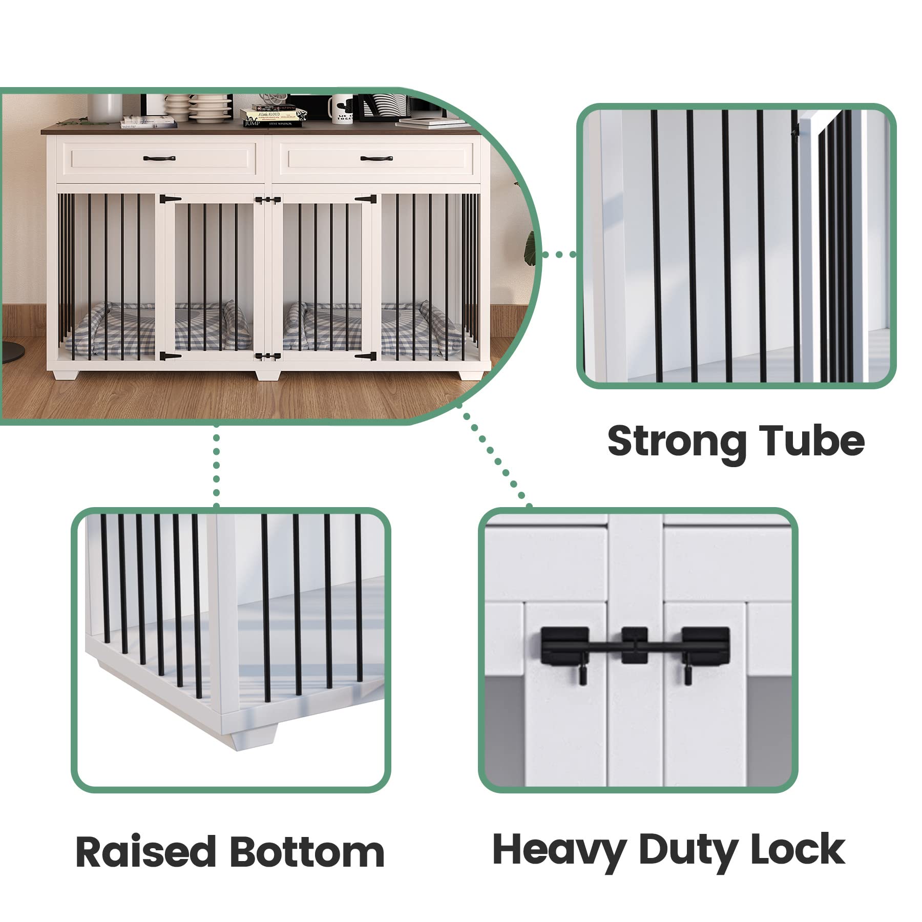 64.6 Inch Heavy Duty Wooden Dog Crate - Furniture Style Indoor Kennel with Drawers & Divider, Double Room Dog House for Large Medium Small Dogs (White) - Perfect for Living Room, Bedroom & Home Decor