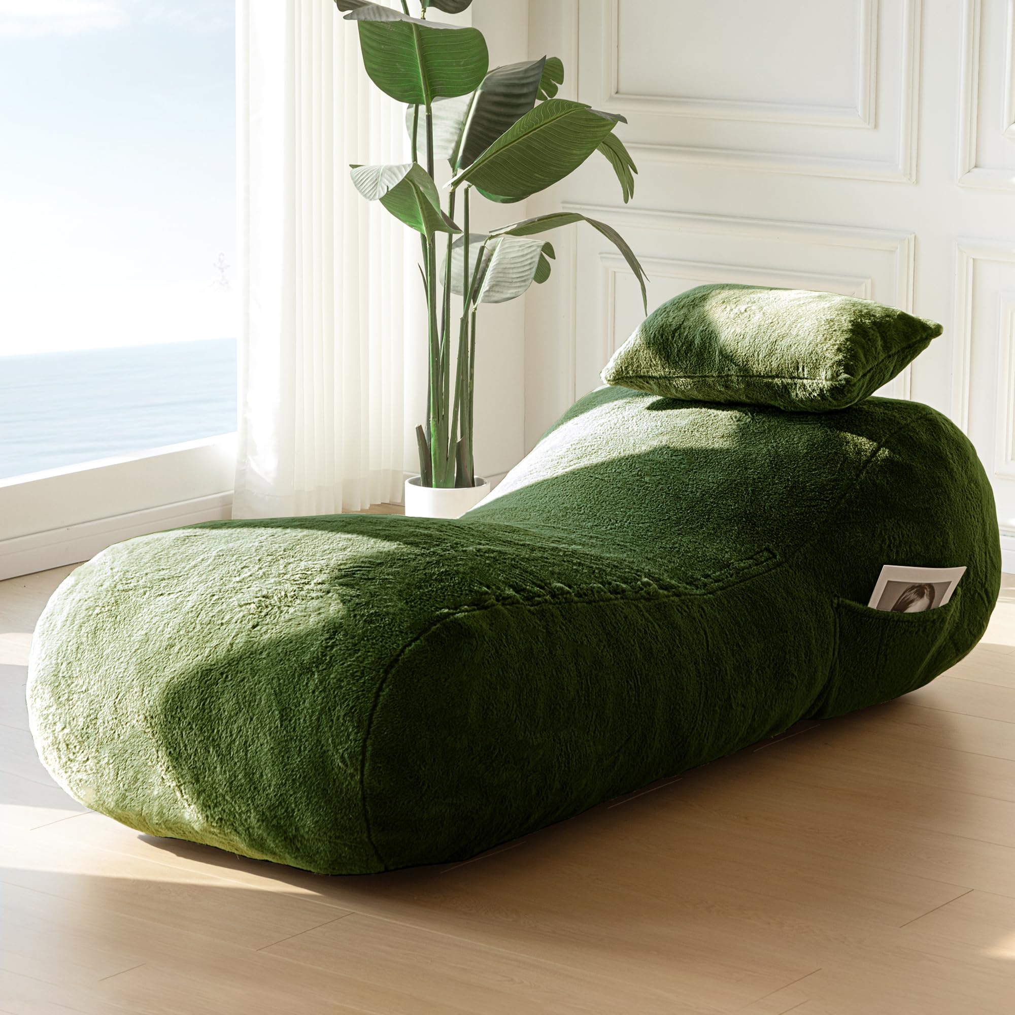 MAXYOYO Green Bean Bag Bed with Pillow - Oversized Chaise Lounge Chair for Indoor Use | Perfect for Living Room, Bedroom & Game Room Relaxation