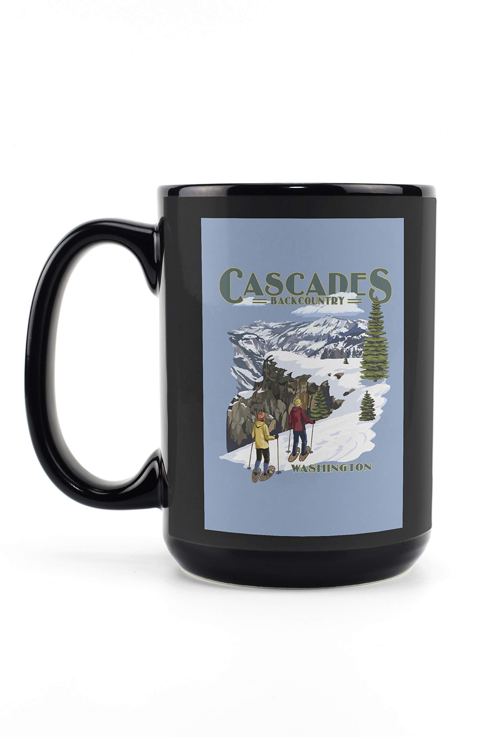 Lantern Press North Cascades Washington Snowshoer Scene Contour - 15oz Black Ceramic Coffee & Tea Mug - Dishwasher & Microwave Safe - Perfect for Camping, Hiking & Outdoor Adventures