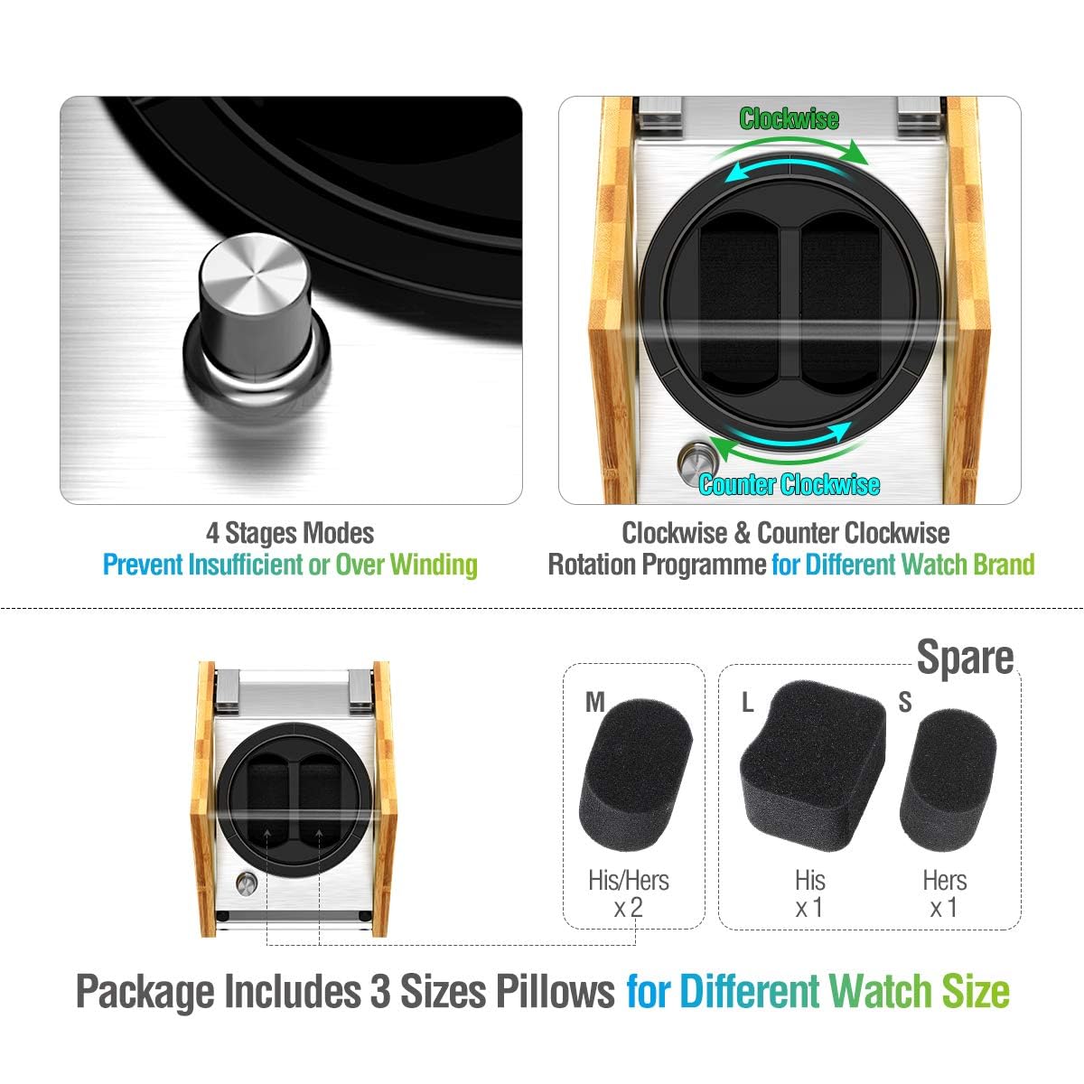 Premium Smith Watch Winder Double for Automatic Watches - Bamboo Wood Watch Storage Box with Ultra Quiet Motor & 4 Rotation Modes | Perfect for Rolex, Omega, Patek Philippe | Home Office & Travel Watch Care Solution