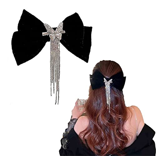 Sparkling Diamond Velvet Bow Hair Clip for Women - Rhinestone Butterfly Tassel Hairpin, Elegant Ponytail Holder for Parties, Weddings & Special Occasions (Black) - Perfect Bridal & Formal Hair Accessories for Women & Girls