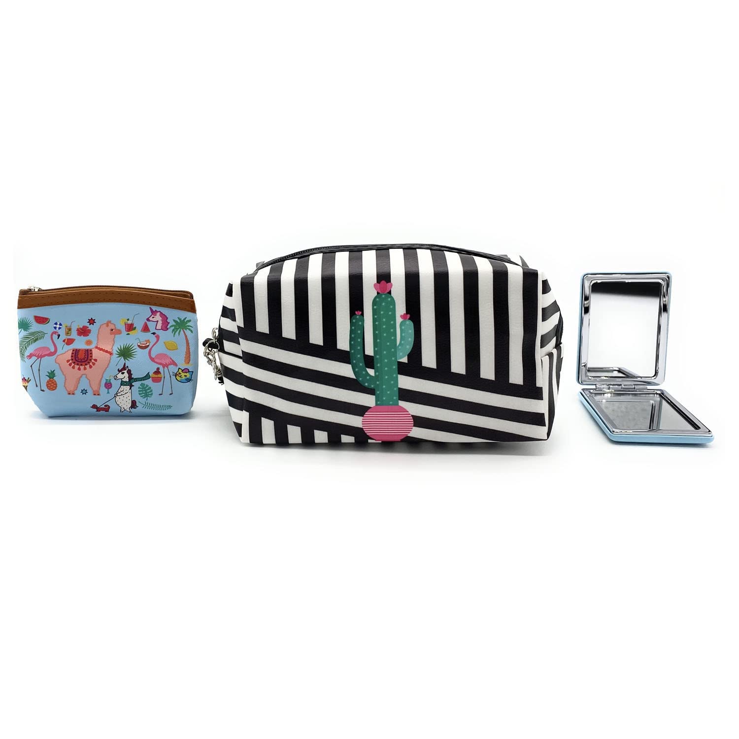 Empire Cove Women's 3-Piece Llama Print Cosmetic Bag Set with Coin Pouch & Mirror - Perfect for Travel, Makeup Storage, and Gift Giving