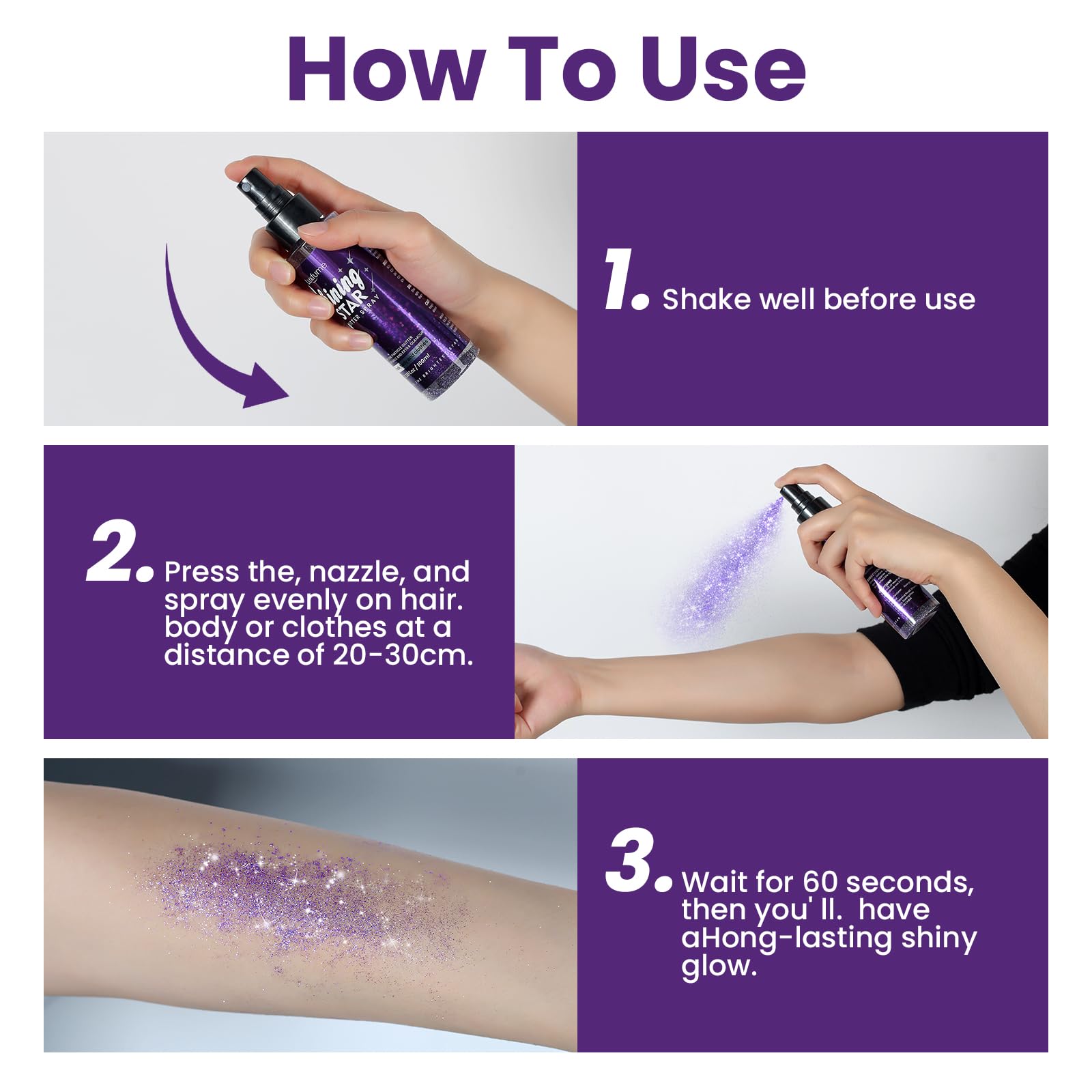 Purple Body Glitter Spray & Hairspray - Quick-Drying, Waterproof, Nozzle-Clog Resistant, Long-Lasting Shine for Stage Makeup, Costumes & Festival Looks (3.38Oz)
