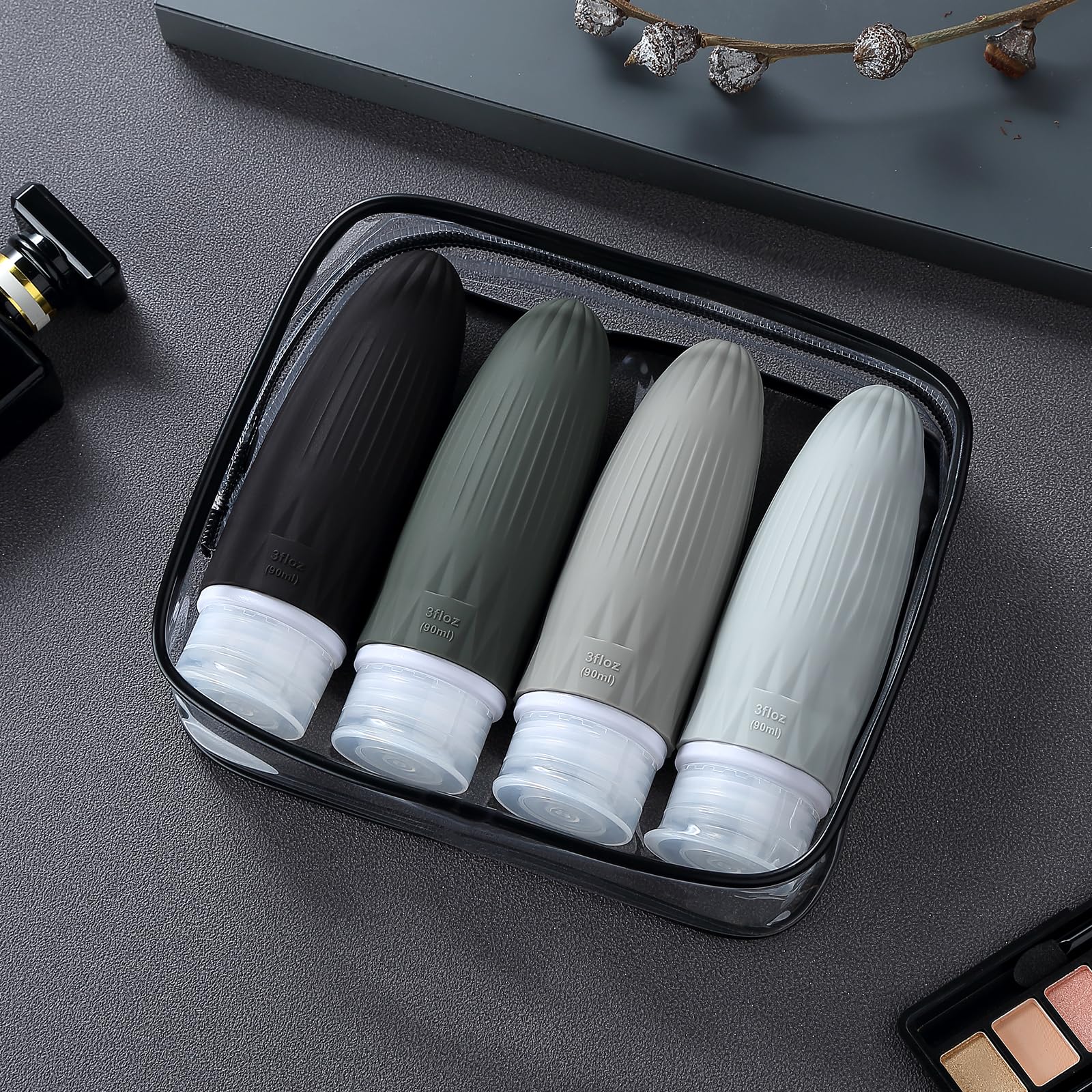 Gemice 4-Pack 3oz TSA Approved Silicone Travel Bottles - Leak Proof Refillable Squeezable Toiletries Containers for Shampoo, Body Wash & Lotion | Perfect for Air Travel, Gym Bag & Vacation Essentials