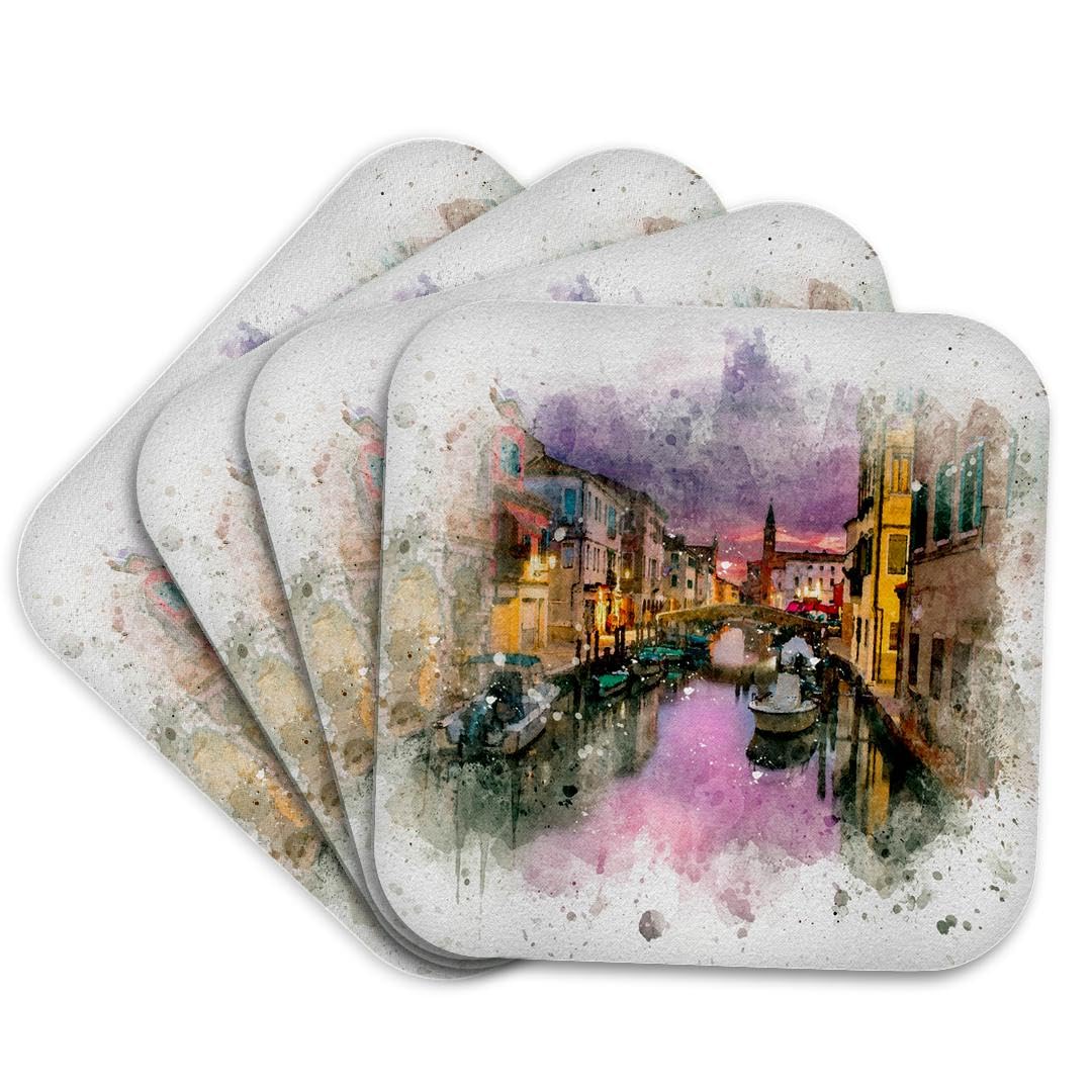 3D Rose Watercolor Venice Italy Art Coaster Set - Elegant Drink Coasters for Home, Office, and Party Decor - Perfect for Coffee, Wine, and Beverage Protection