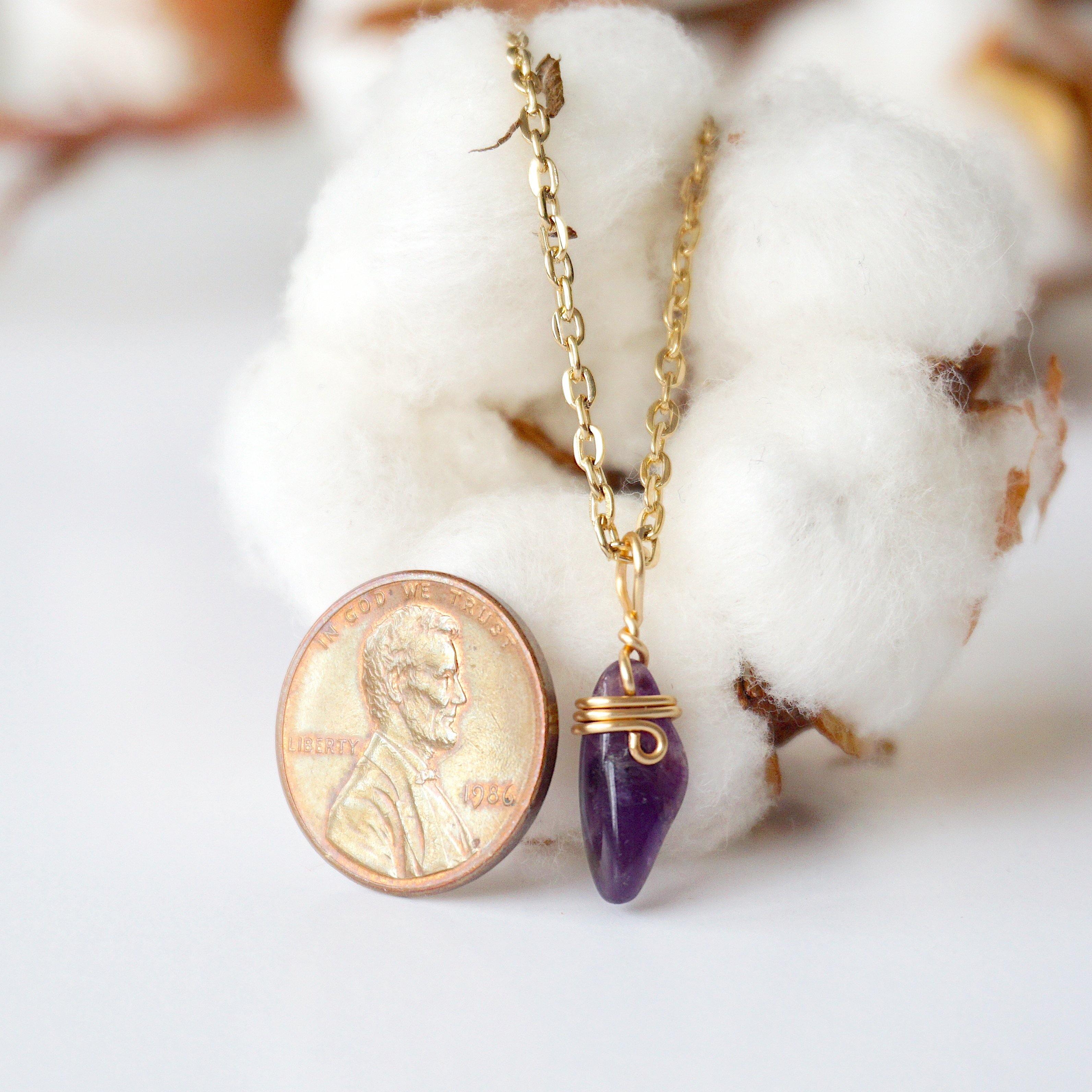 Amethyst Necklace - Gold Plated Brass Wrapped Charm Pendant Jewelry for Women - Perfect for Gifts, Meditation & Spiritual Healing